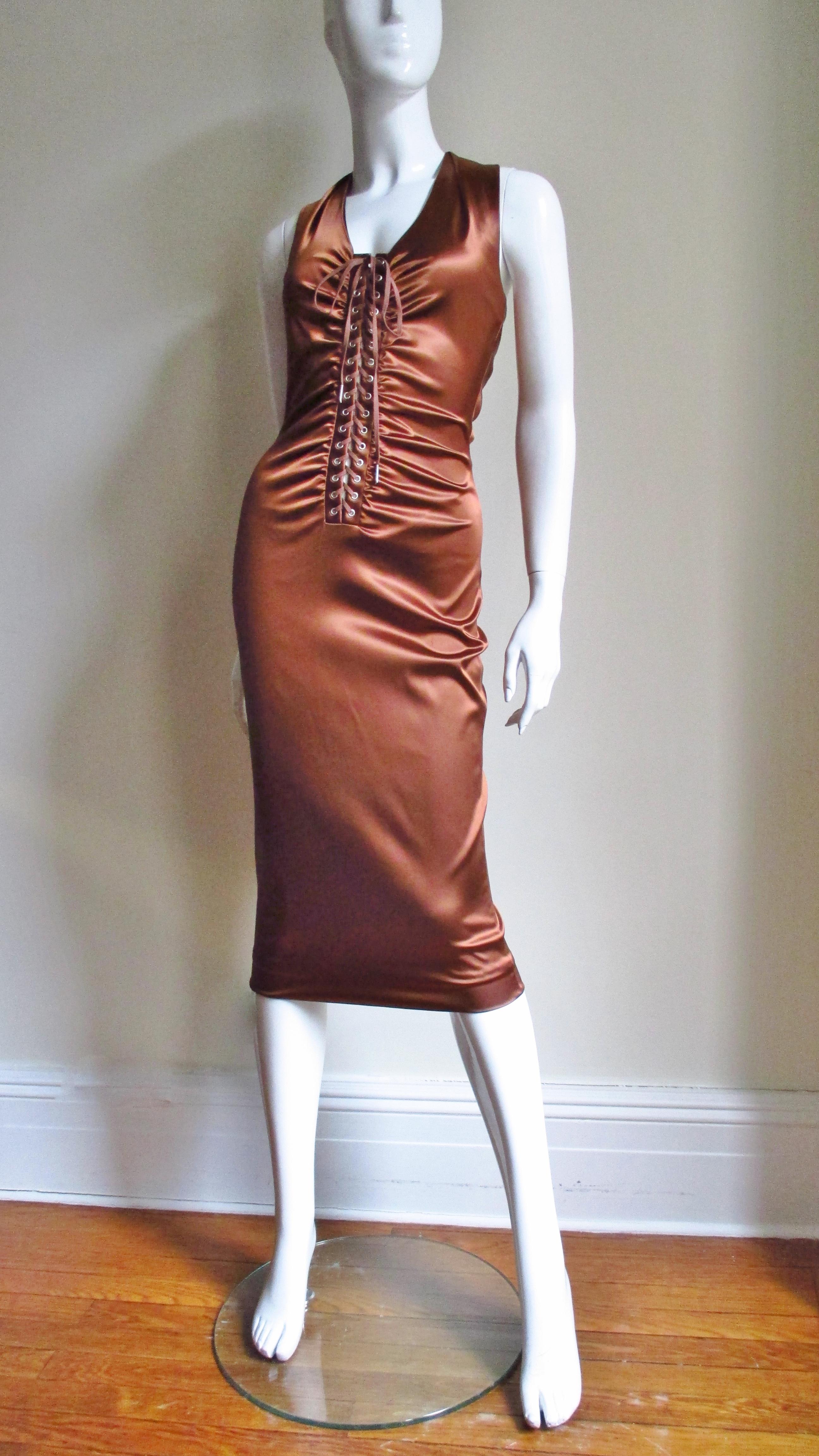 1990s Dolce & Gabbana Bronze Laceup Plunge Halter Dress 8