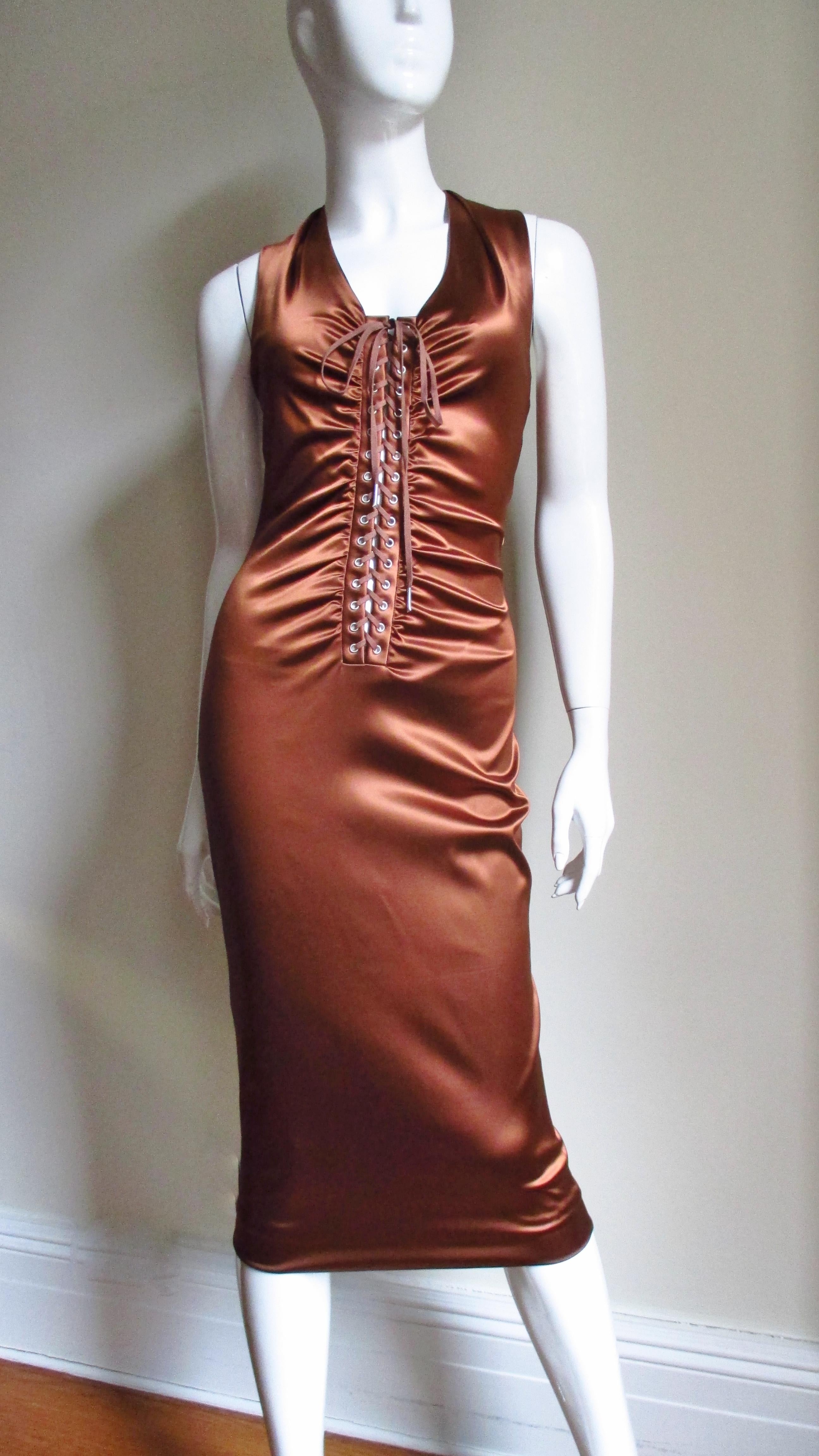 Brown 1990s Dolce & Gabbana Bronze Laceup Plunge Halter Dress