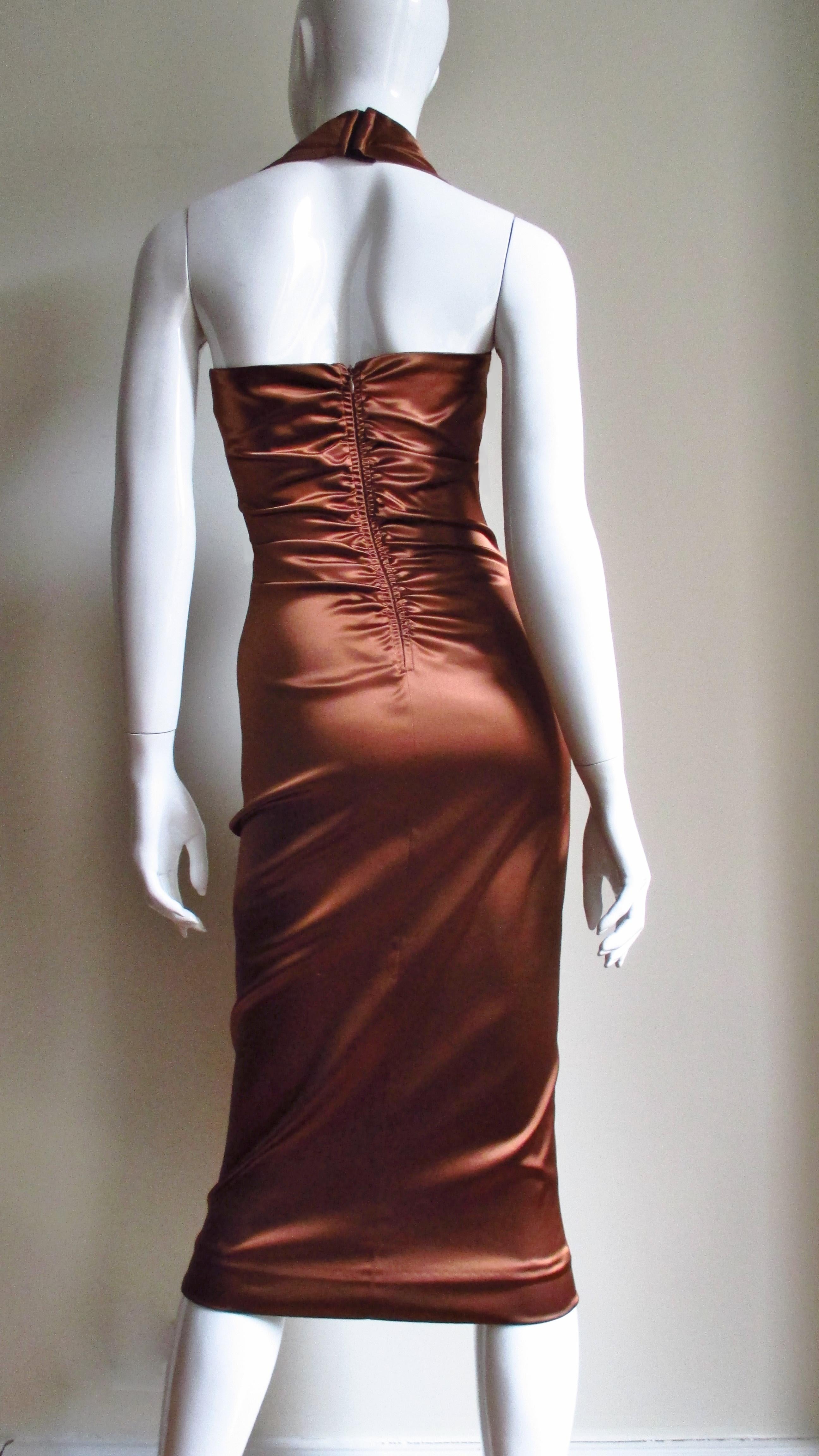 1990s Dolce & Gabbana Bronze Laceup Plunge Halter Dress 10