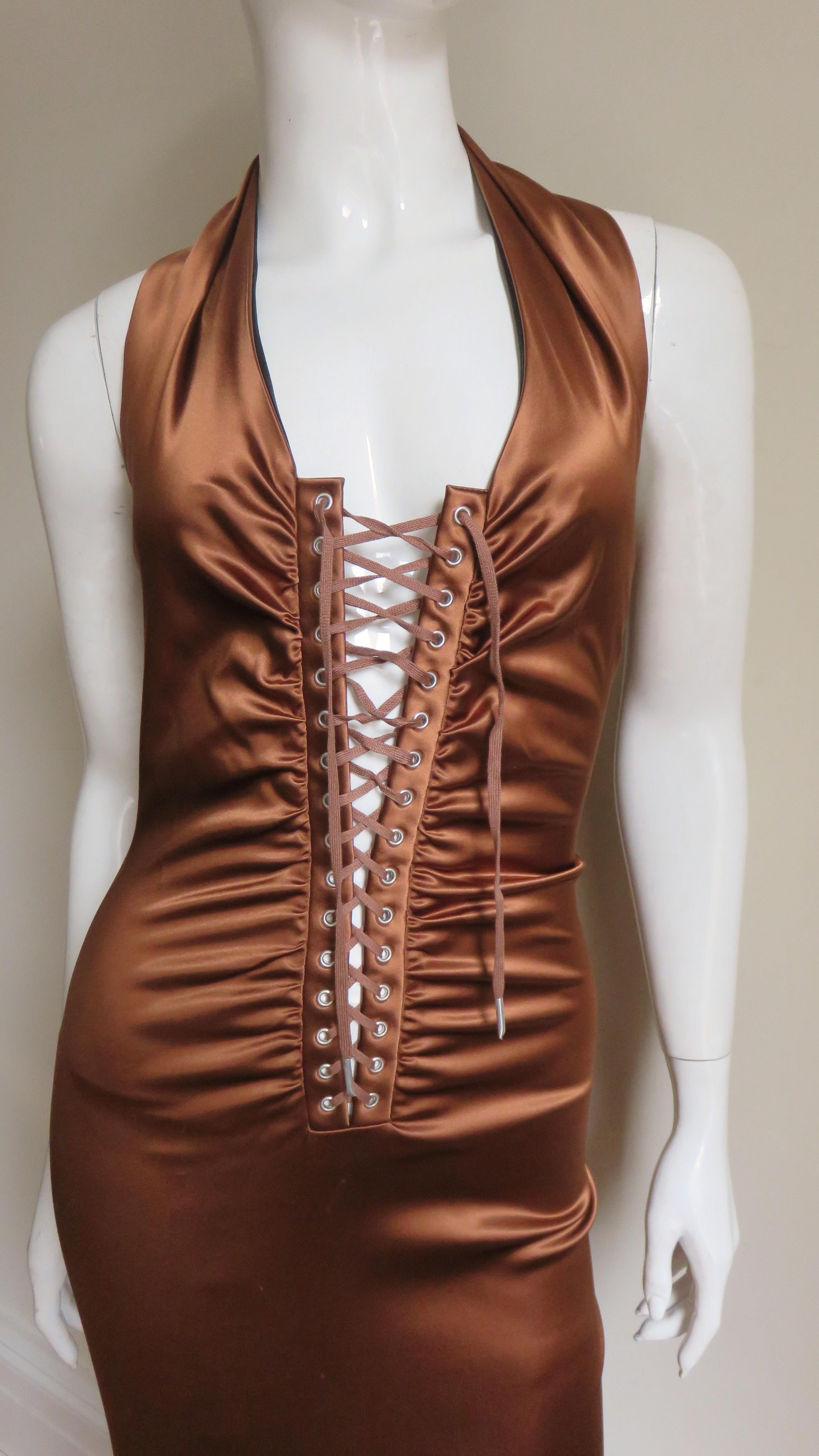 1990s Dolce & Gabbana Bronze Laceup Plunge Halter Dress 4