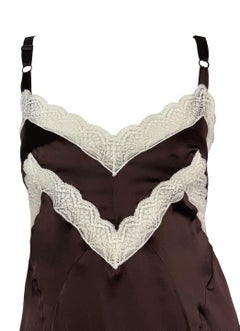 1990s Dolce & Gabbana Brown Satin White Lace Trim Mini Slip Dress