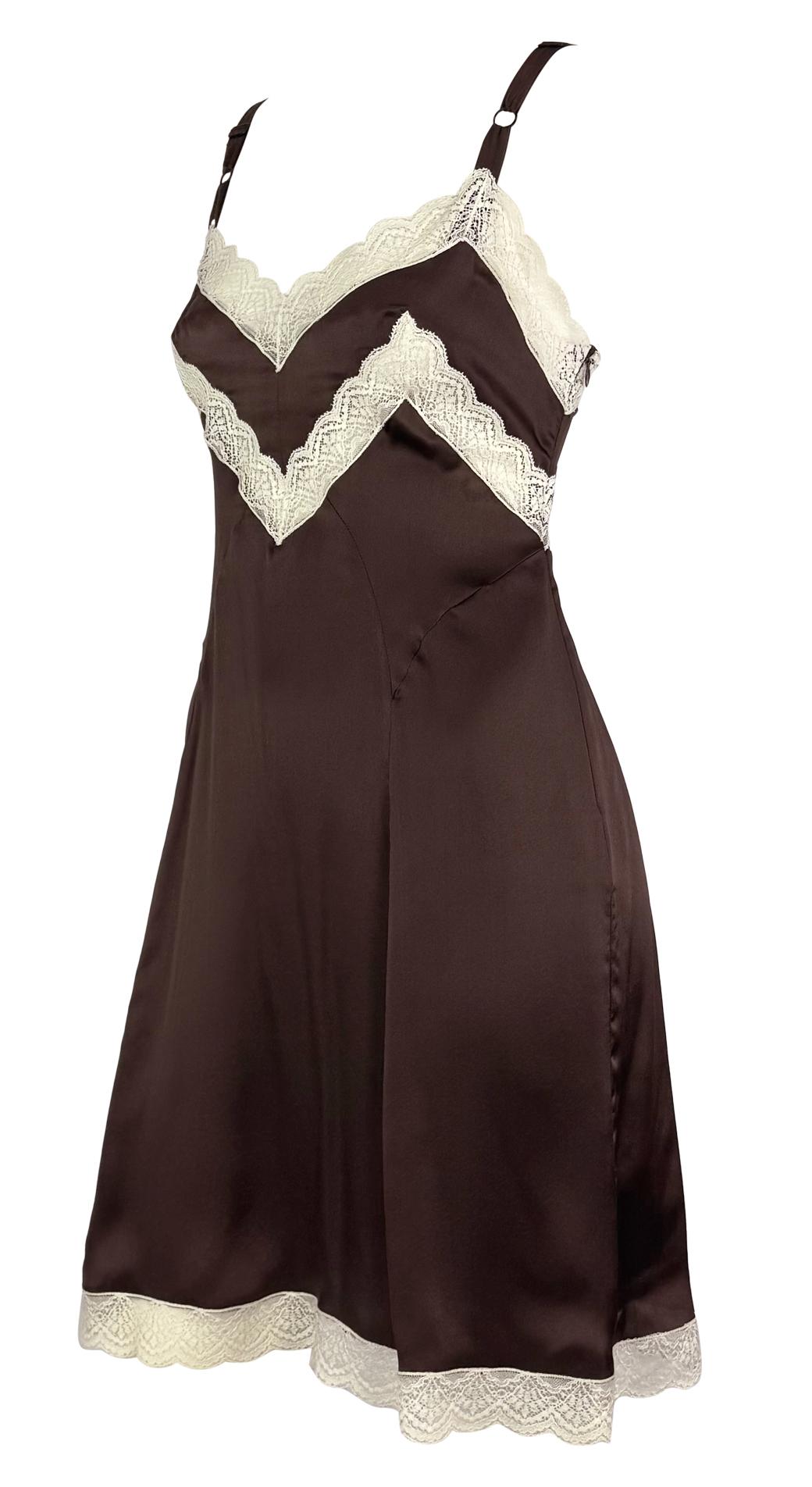 Black 1990s Dolce & Gabbana Brown Satin White Lace Trim Mini Slip Dress For Sale