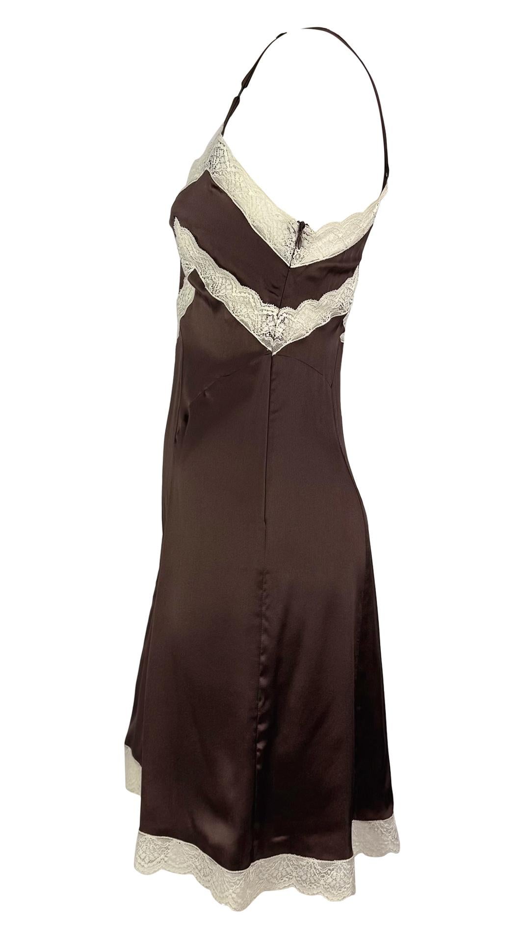 1990s Dolce & Gabbana Brown Satin White Lace Trim Mini Slip Dress In Excellent Condition For Sale In West Hollywood, CA