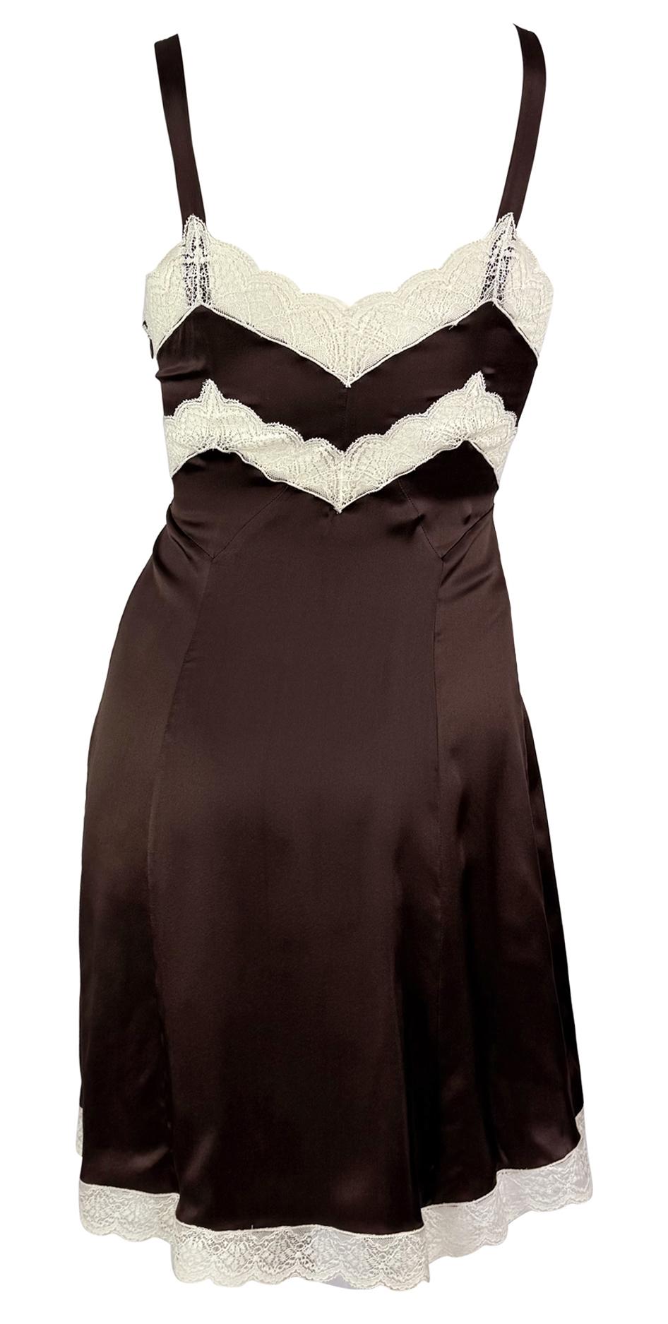 Women's 1990s Dolce & Gabbana Brown Satin White Lace Trim Mini Slip Dress For Sale