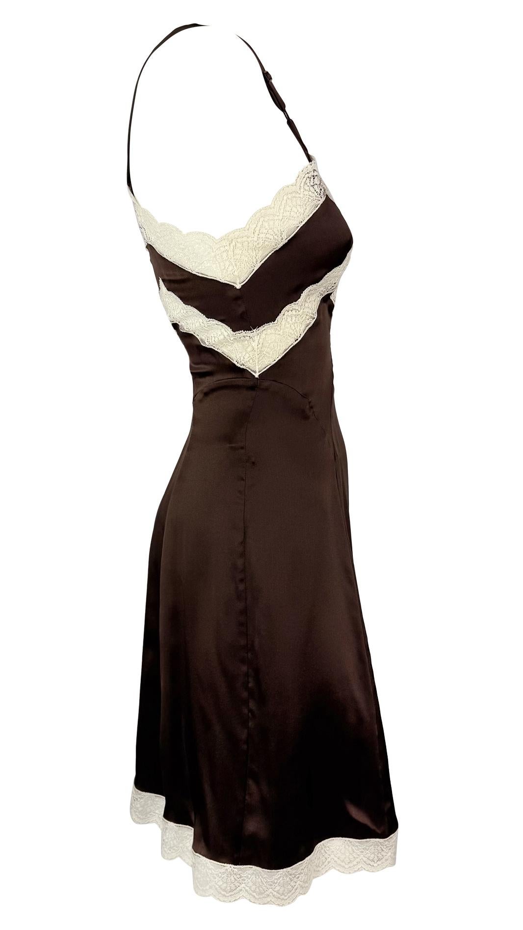 1990s Dolce & Gabbana Brown Satin White Lace Trim Mini Slip Dress For Sale 1