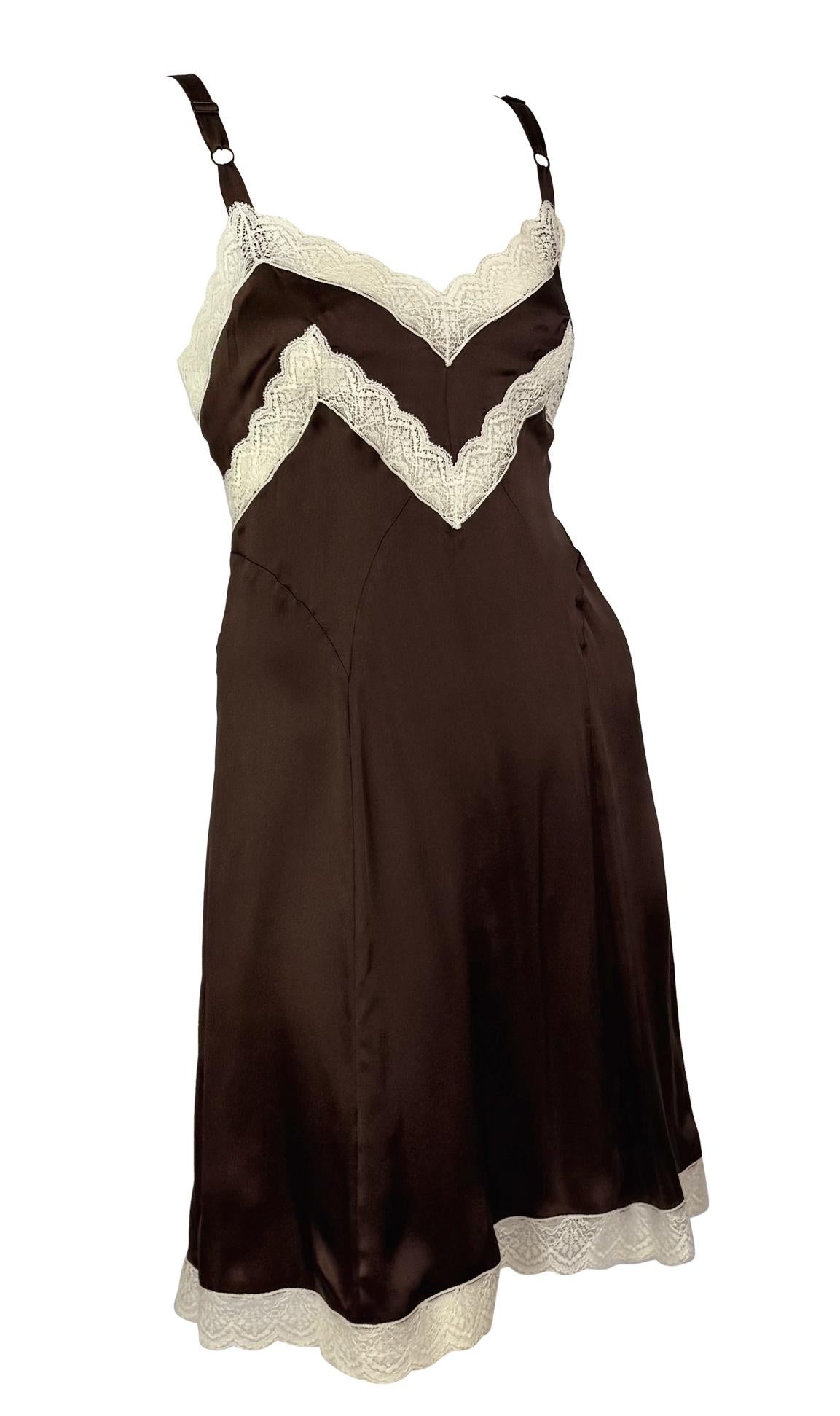1990s Dolce & Gabbana Brown Satin White Lace Trim Mini Slip Dress For Sale 2