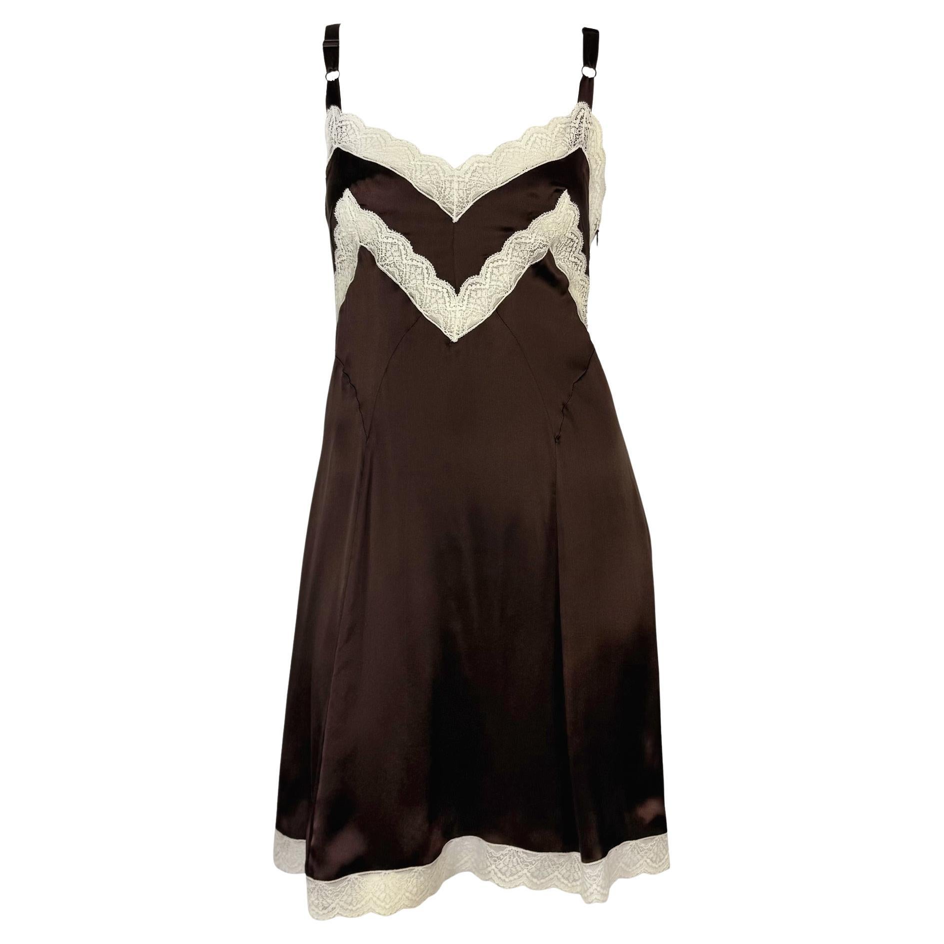 1990s Dolce & Gabbana Brown Satin White Lace Trim Mini Slip Dress For Sale