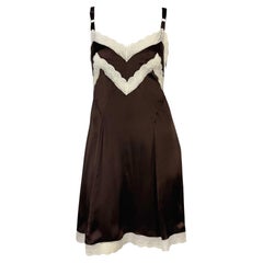 1990 Dolce & Gabbana Brown Satin White Lace Trim Mini Slip Dress