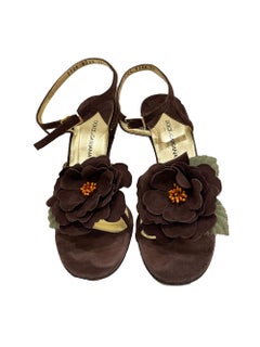 1990 Dolce & Gabbana Brown Suede Flower Heels sz 38 1/2