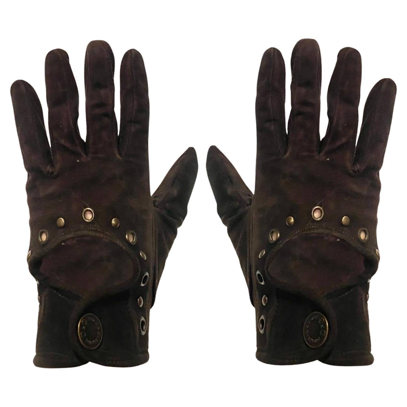 1990s Dolce & Gabbana Brown Suede Stud Driving Gloves 