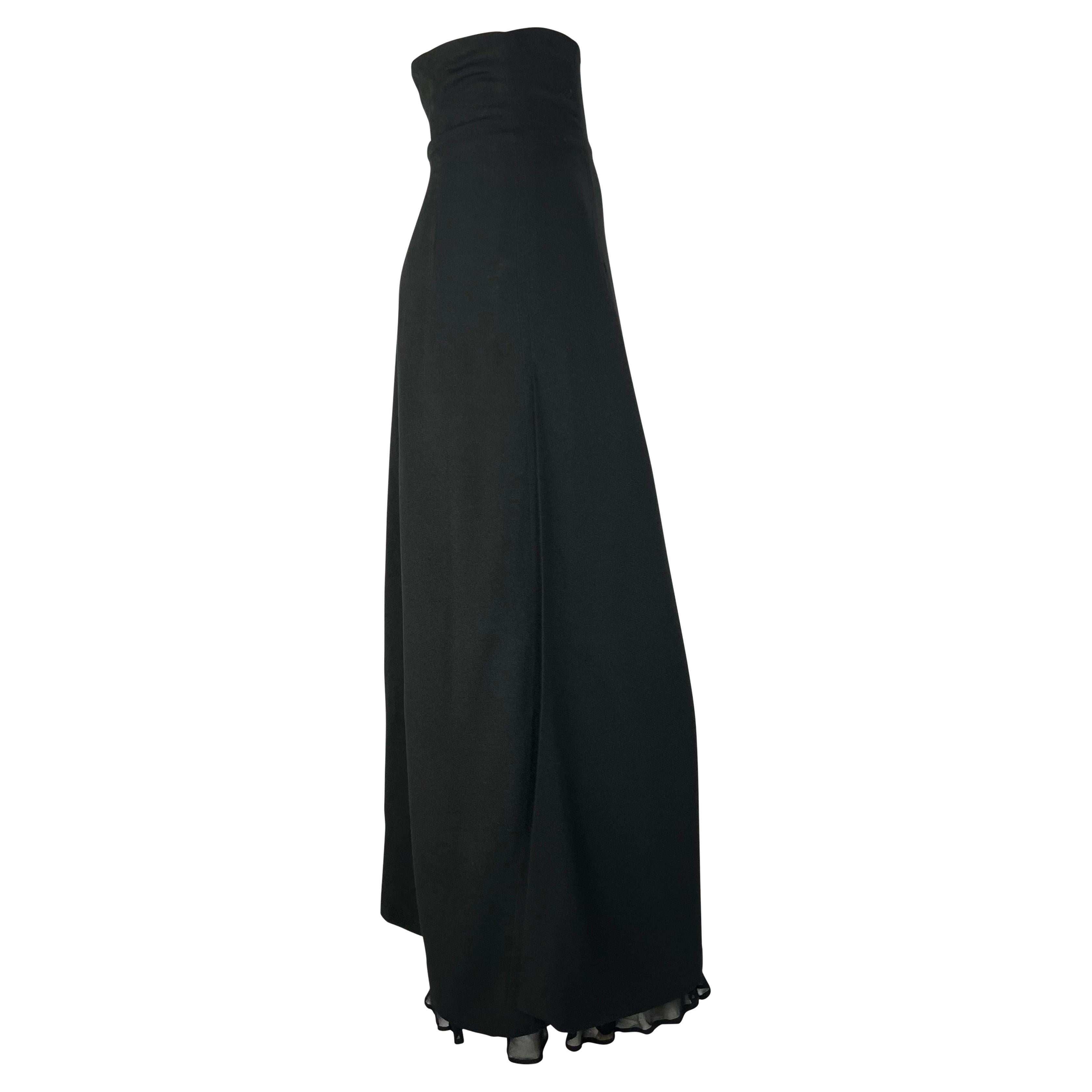 1990s Dolce & Gabbana Chiffon Ruffle High Waisted Slit Black Maxi Skirt For Sale