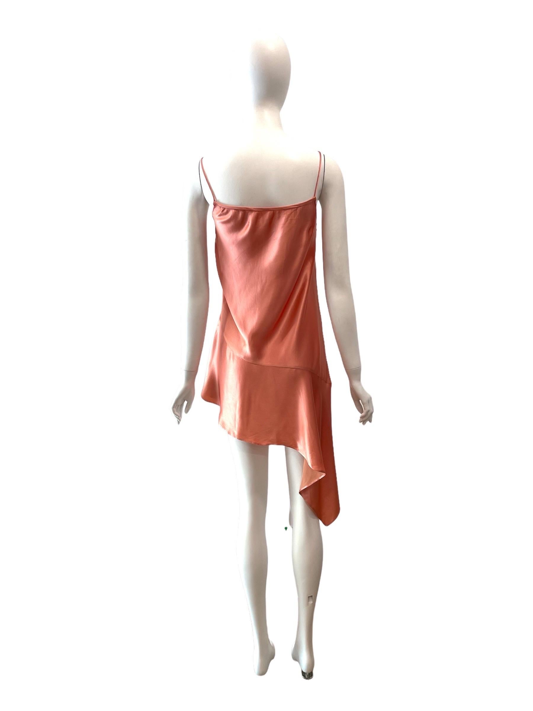 1990's Dolce & Gabbana Coral Pink Satin Asymmetrical Mini Dress In Good Condition For Sale In Austin, TX