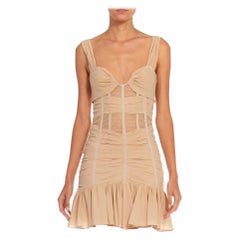 1990S Dolce & Gabbana Cream Mesh Jersey Sexy Shirred Dress With Boning