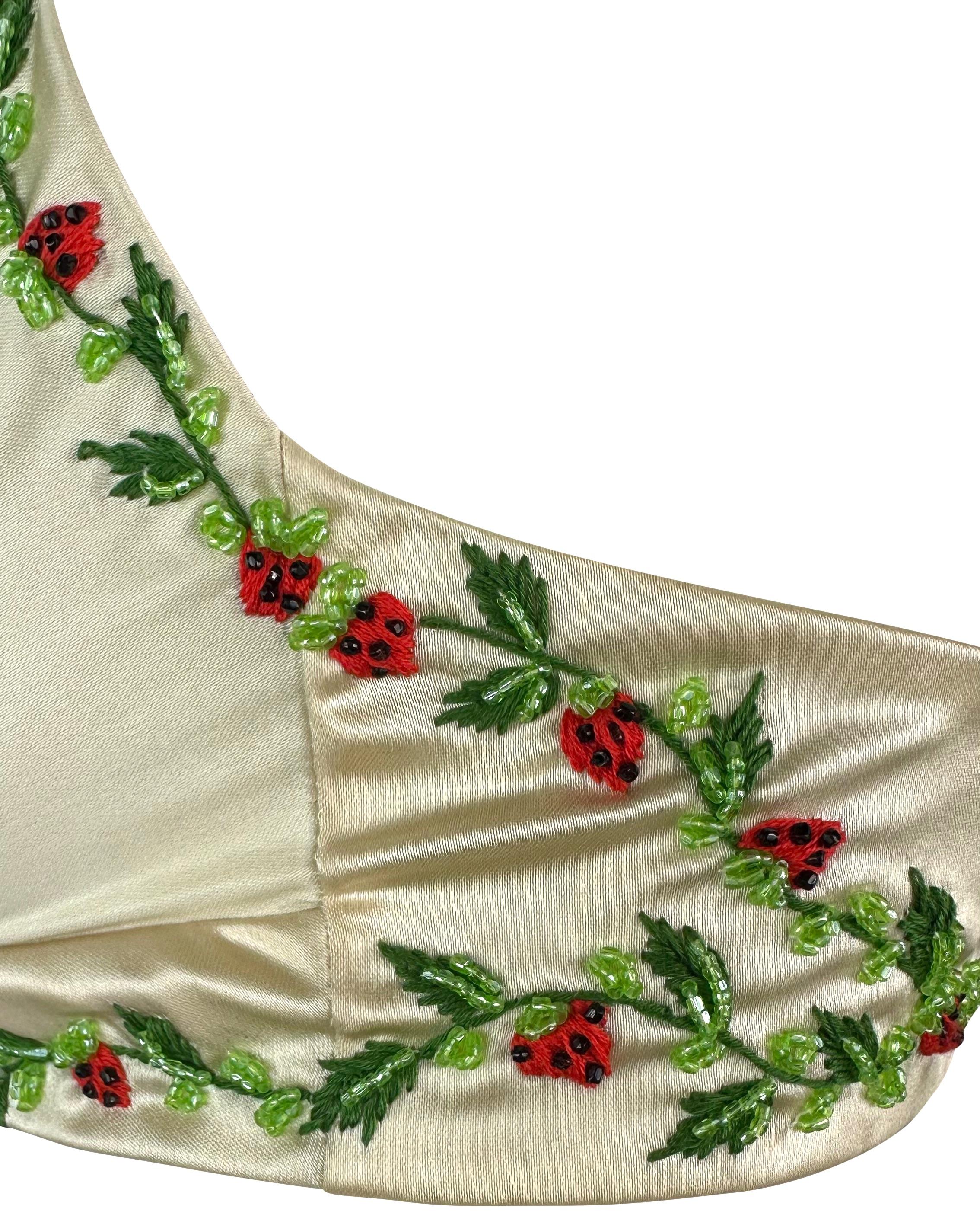 1990s Dolce & Gabbana Creme Satin Strawberry Embroidery Beaded Bralette Crop Top In Excellent Condition For Sale In West Hollywood, CA