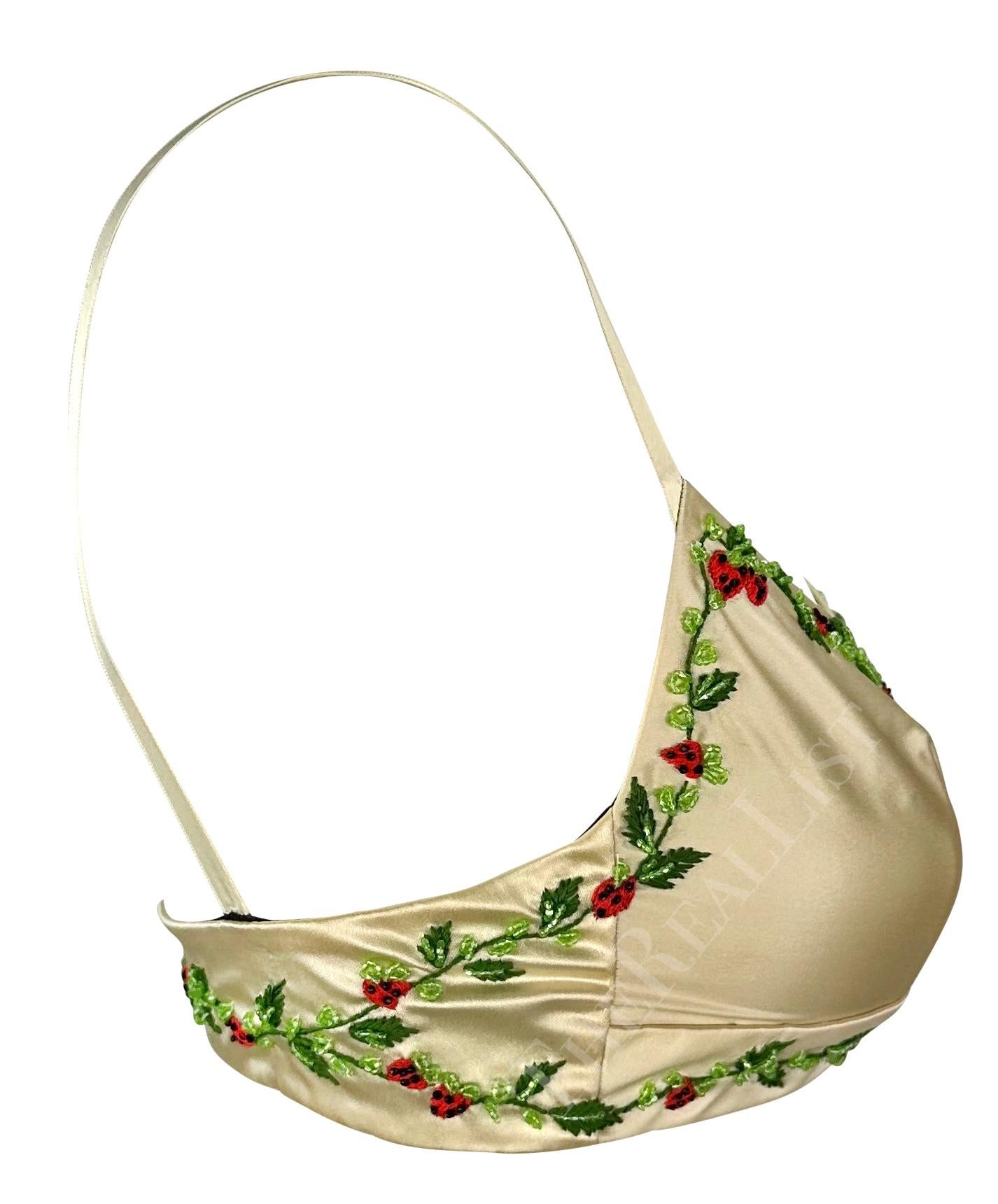 1990s Dolce & Gabbana Creme Satin Strawberry Embroidery Beaded Bralette Crop Top For Sale 1