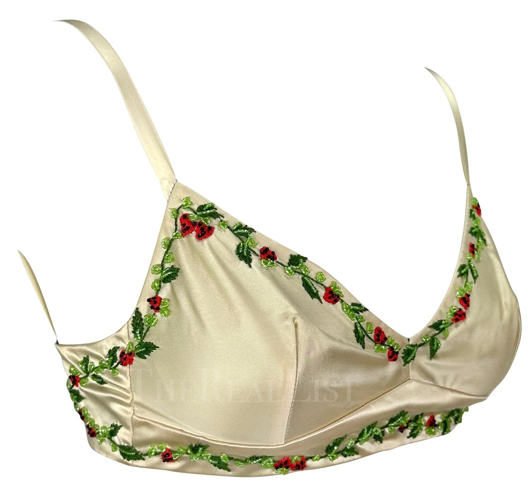 1990s Dolce & Gabbana Creme Satin Strawberry Embroidery Beaded Bralette Crop Top For Sale 2