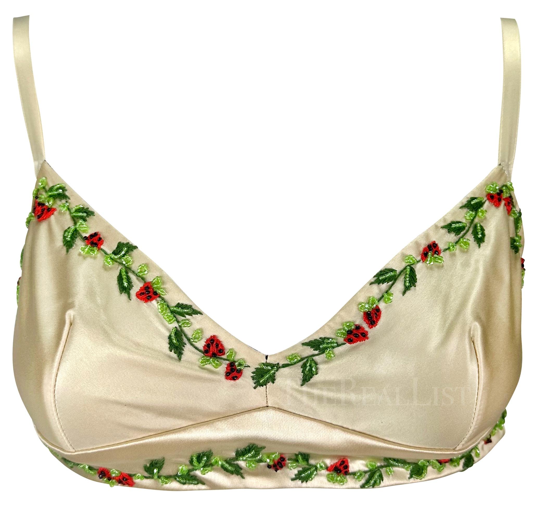 1990s Dolce & Gabbana Creme Satin Strawberry Embroidery Beaded Bralette Crop Top For Sale 3