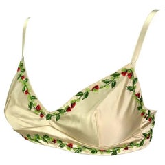 1990s Dolce & Gabbana Creme Satin Strawberry Embroidery Beaded Bralette Crop Top