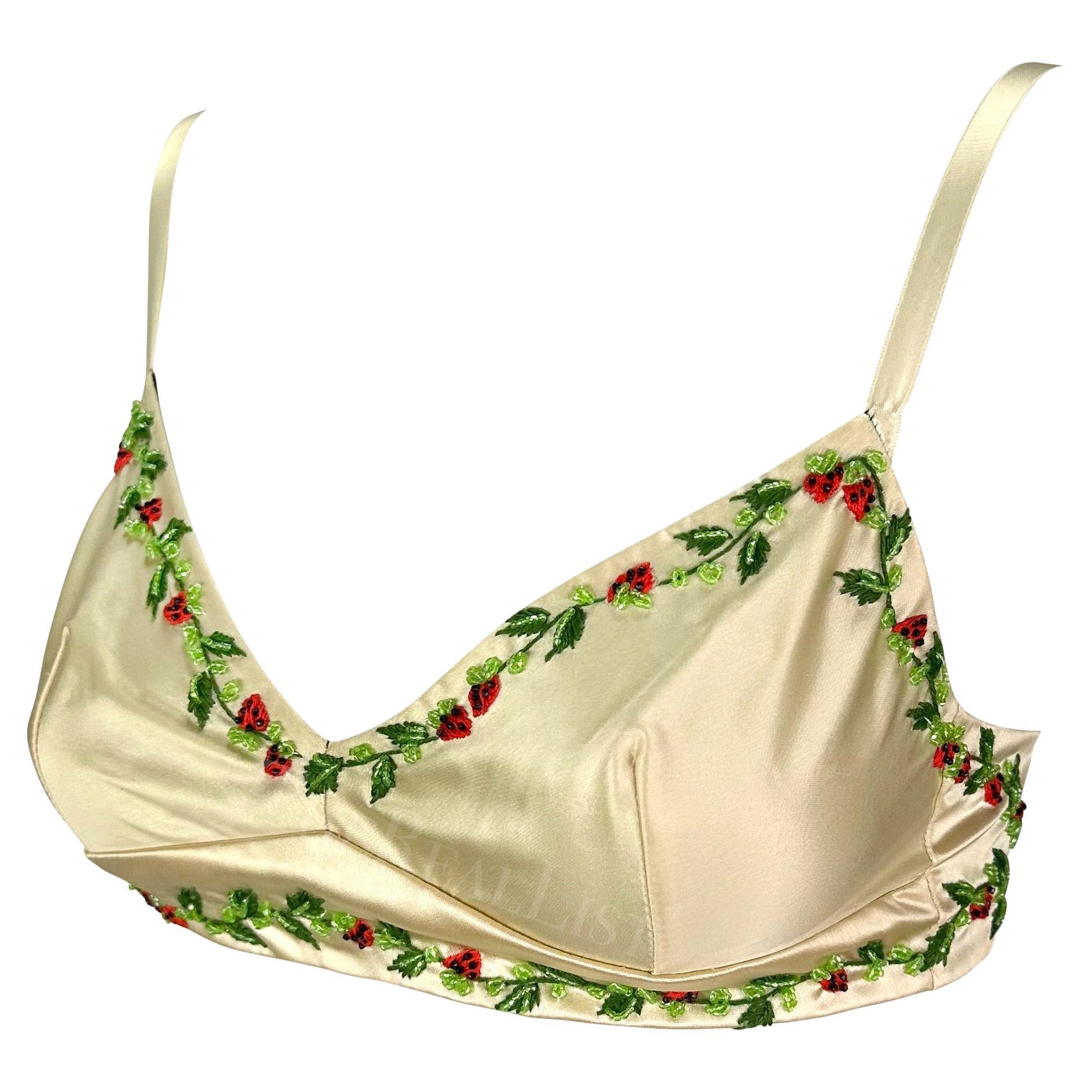 1990s Dolce & Gabbana Creme Satin Strawberry Embroidery Beaded Bralette Crop Top For Sale