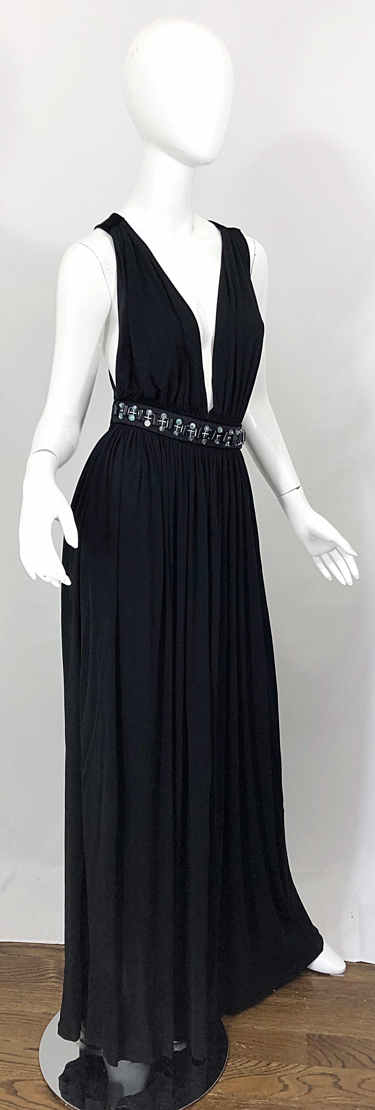 1990s Dolce & Gabbana D&G Black Plunging Sexy Beaded Sleeveless Vintage 90s Gown For Sale 5