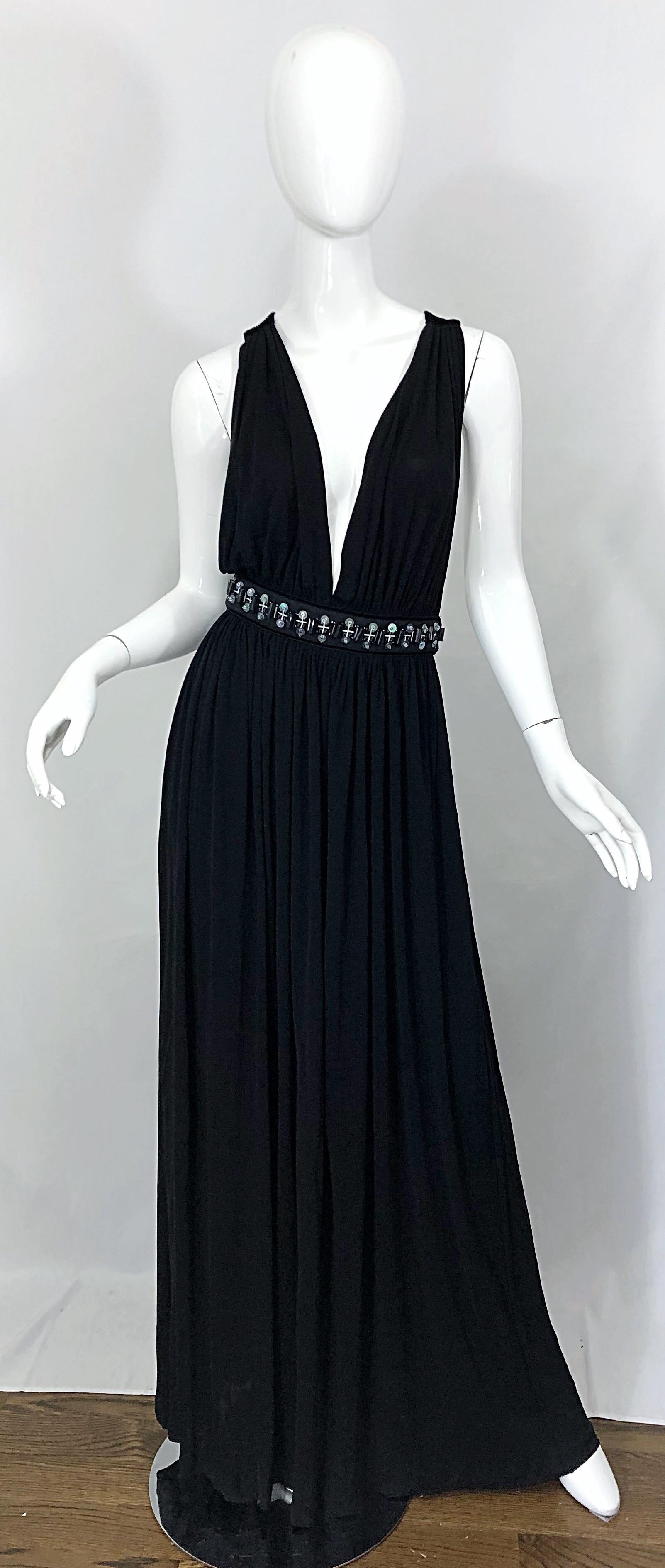 1990s Dolce & Gabbana D&G Black Plunging Sexy Beaded Sleeveless Vintage 90s Gown For Sale 7