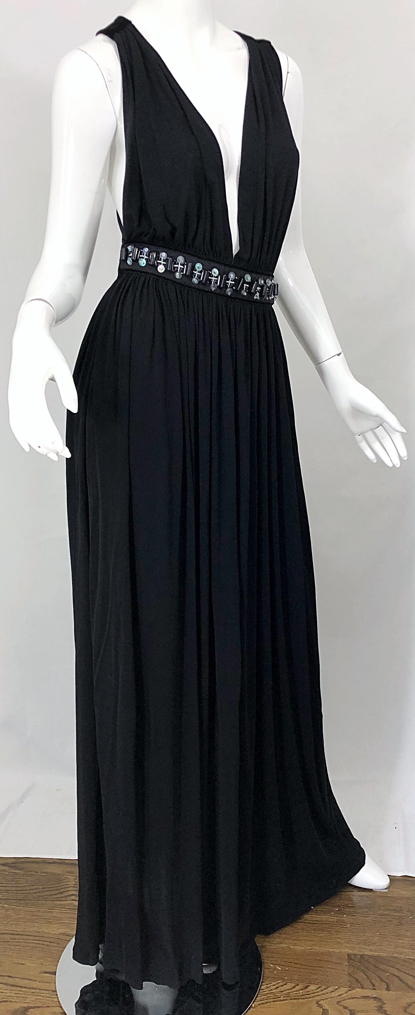 Women's 1990s Dolce & Gabbana D&G Black Plunging Sexy Beaded Sleeveless Vintage 90s Gown For Sale