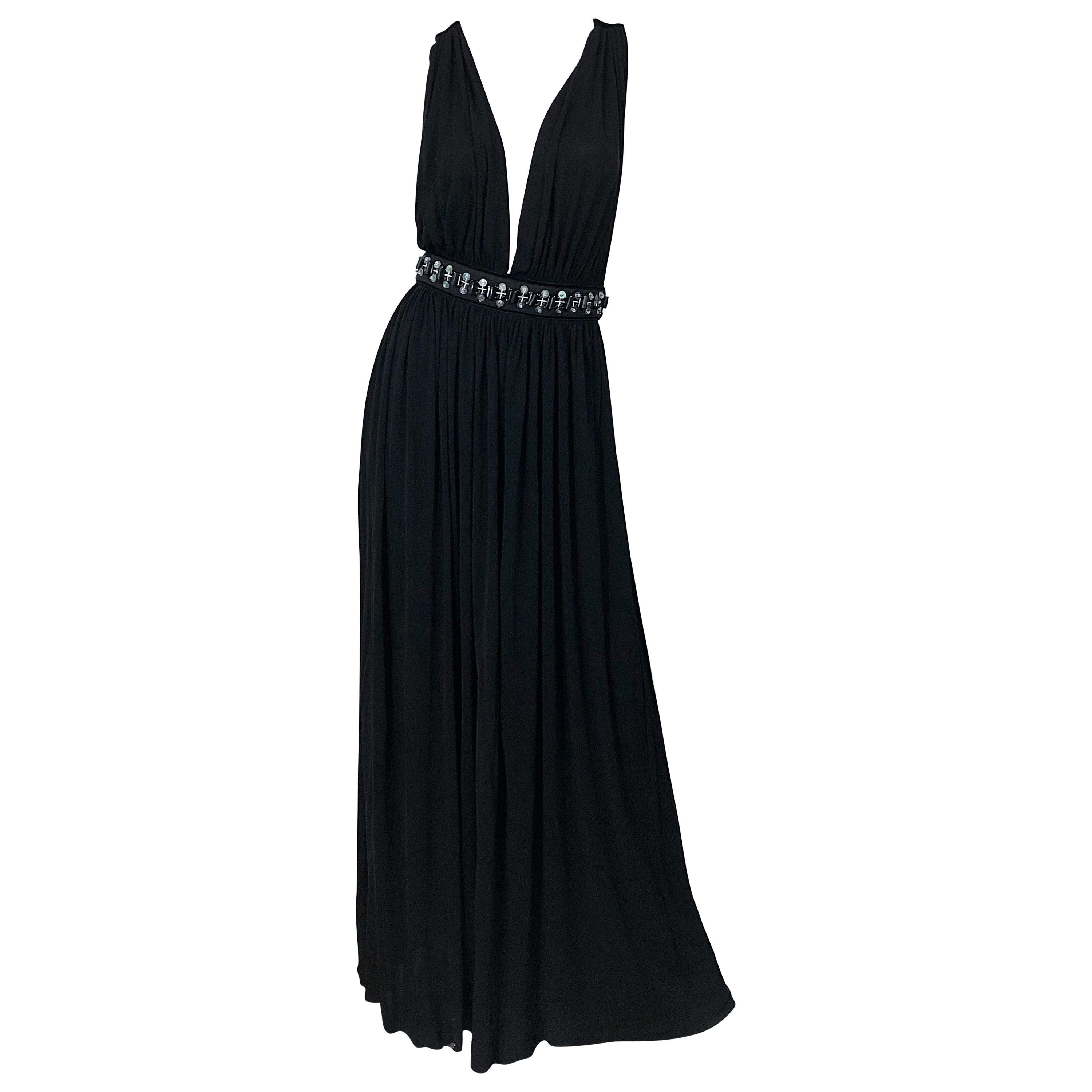 1990s Dolce & Gabbana D&G Black Plunging Sexy Beaded Sleeveless Vintage 90s Gown For Sale