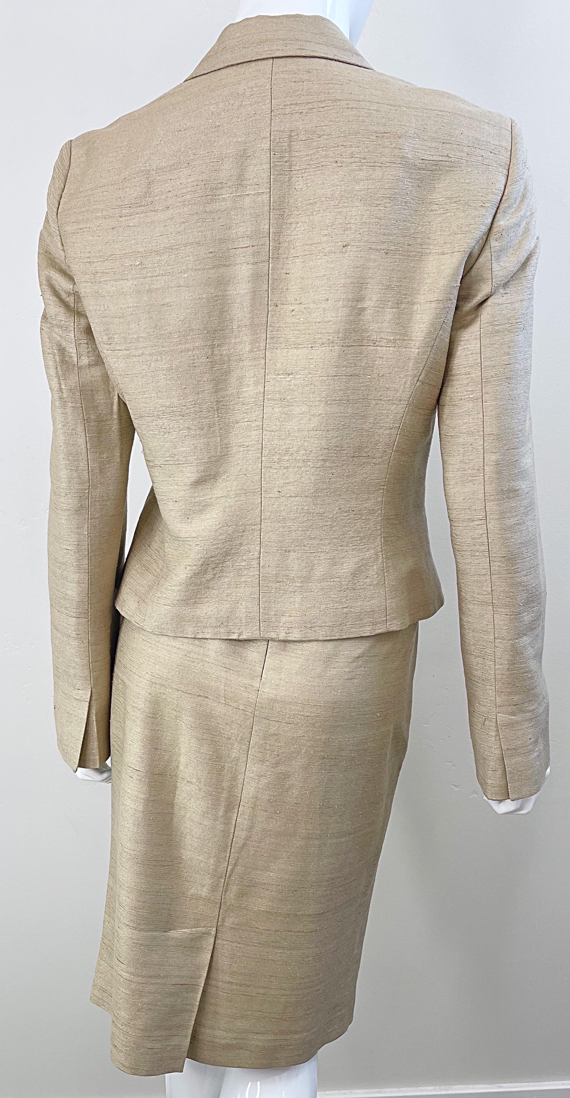 1990s Dolce & Gabbana D&G Size 44 / 8 Khaki Tan Vintage 90s Silk Skirt Suit  For Sale 7