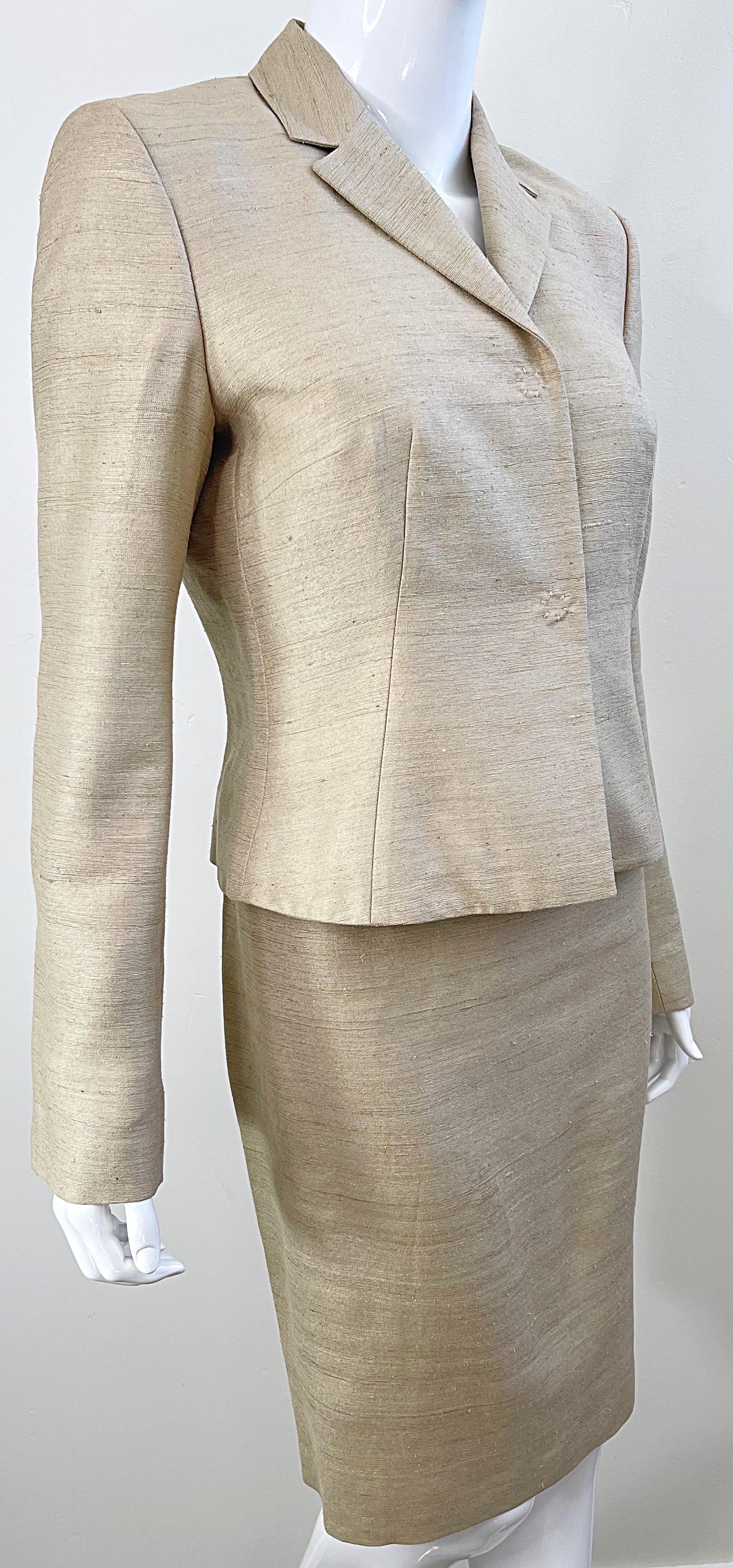 1990s Dolce & Gabbana D&G Size 44 / 8 Khaki Tan Vintage 90s Silk Skirt Suit  For Sale 8