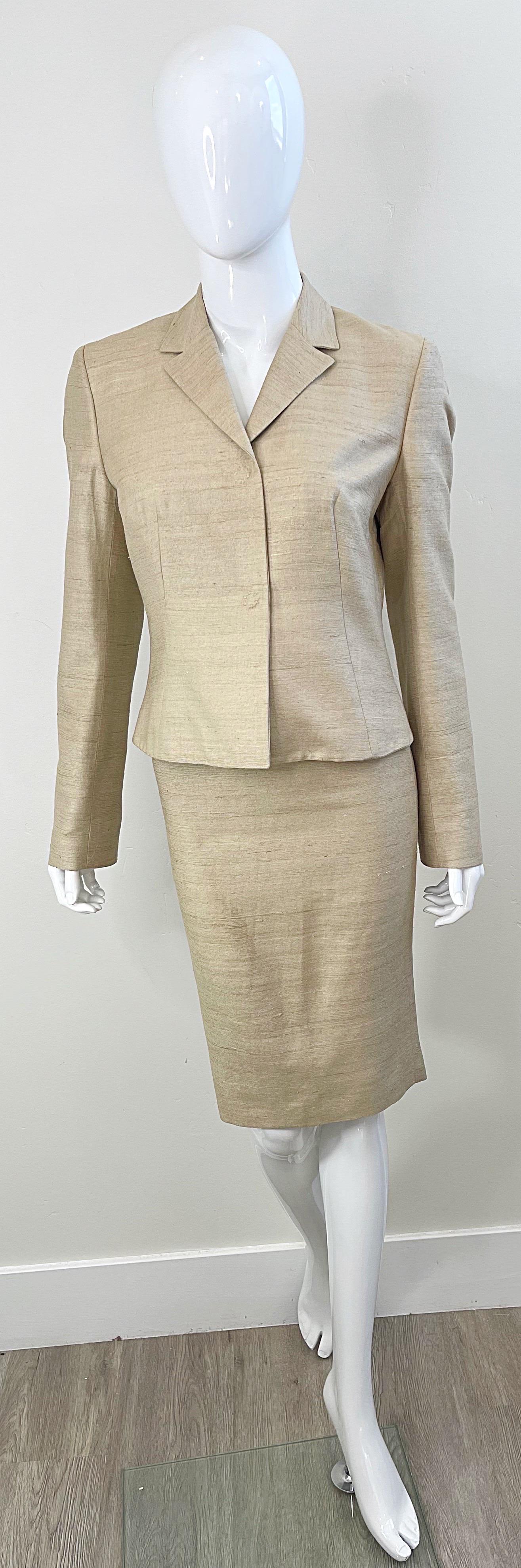 1990s Dolce & Gabbana D&G Size 44 / 8 Khaki Tan Vintage 90s Silk Skirt Suit  In Excellent Condition For Sale In San Diego, CA
