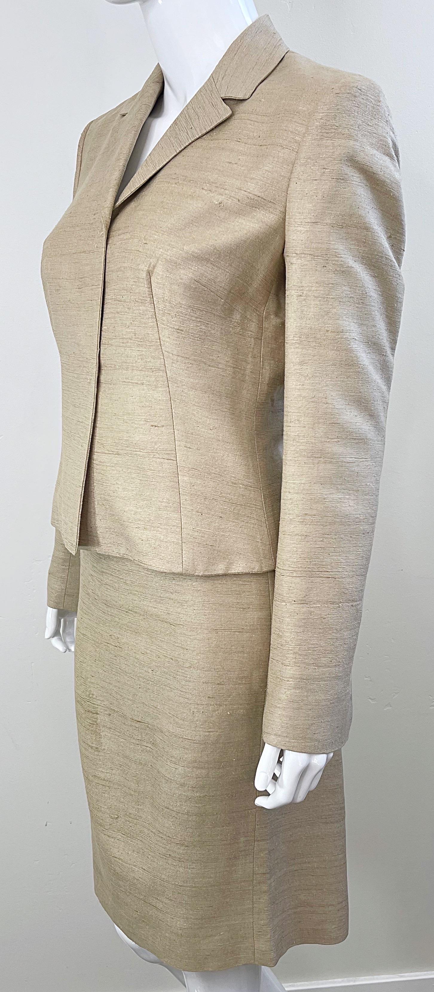 Women's 1990s Dolce & Gabbana D&G Size 44 / 8 Khaki Tan Vintage 90s Silk Skirt Suit  For Sale