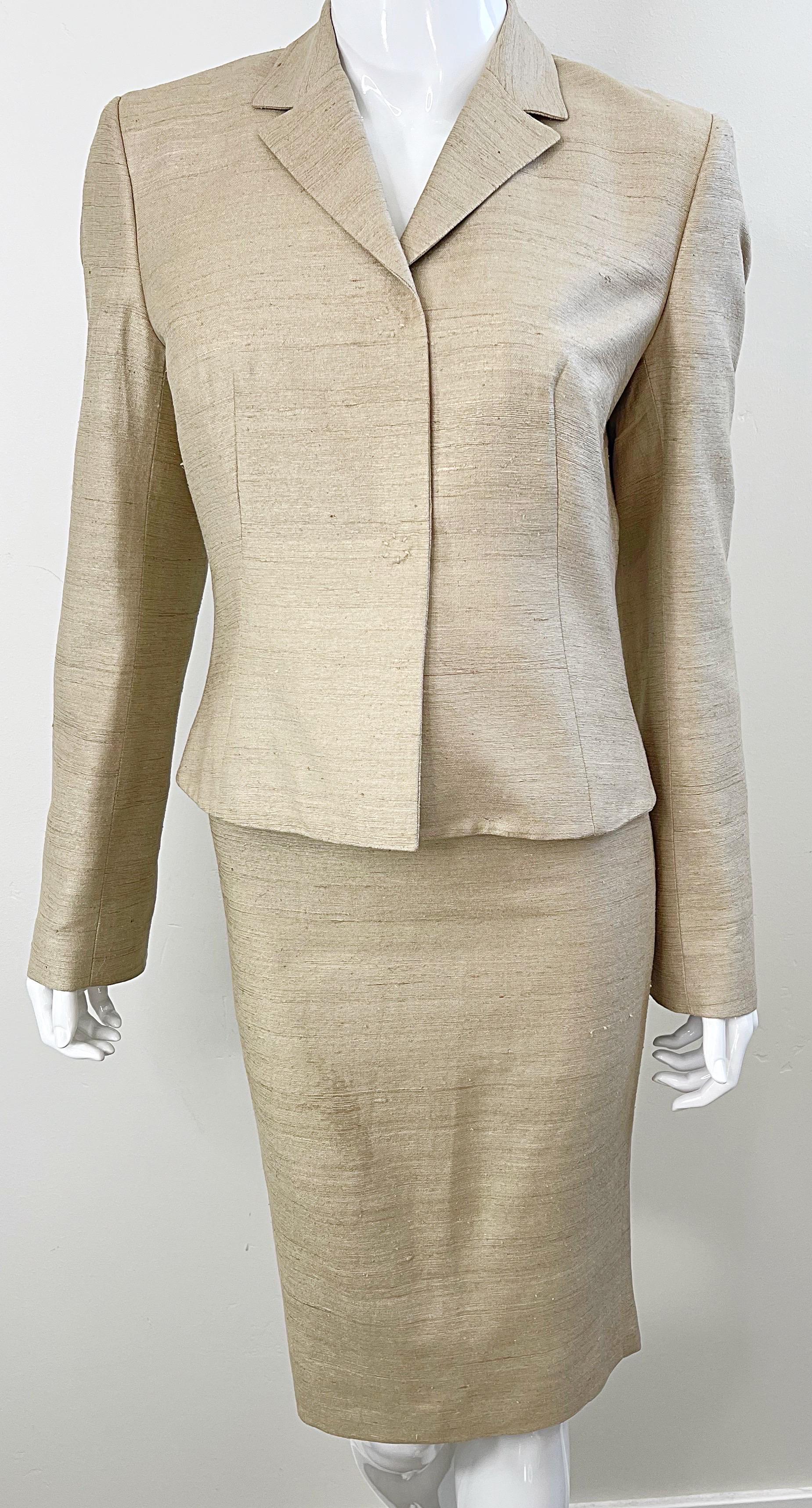 1990s Dolce & Gabbana D&G Size 44 / 8 Khaki Tan Vintage 90s Silk Skirt Suit  For Sale 4