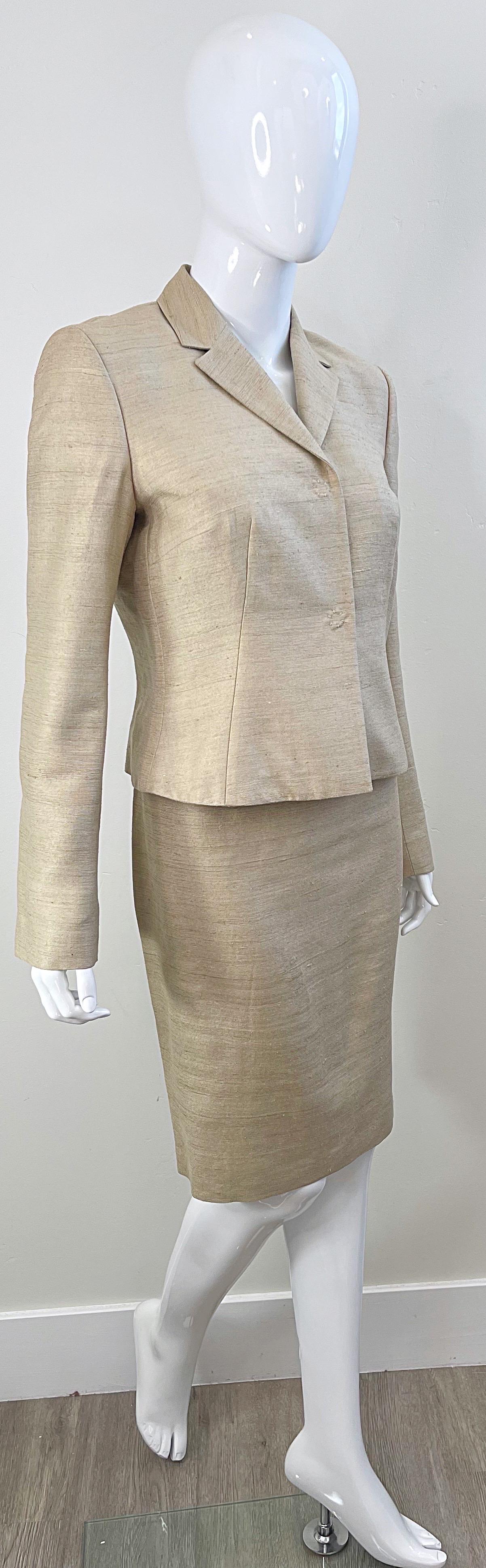 1990s Dolce & Gabbana D&G Size 44 / 8 Khaki Tan Vintage 90s Silk Skirt Suit  For Sale 5