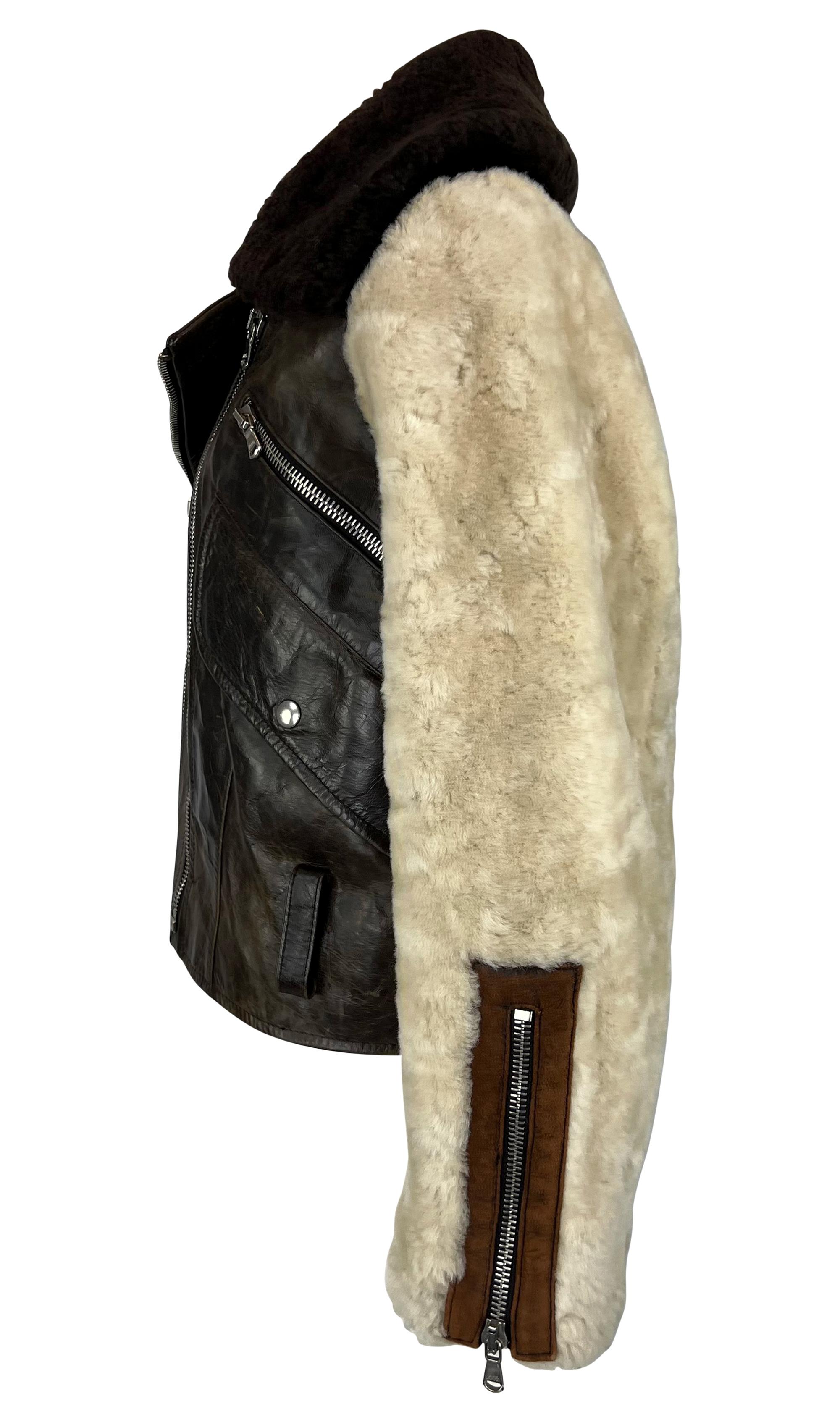 Black 1990s Dolce & Gabbana Distressed Brown Leather Shearling Fur Aviator Moto Jacket For Sale