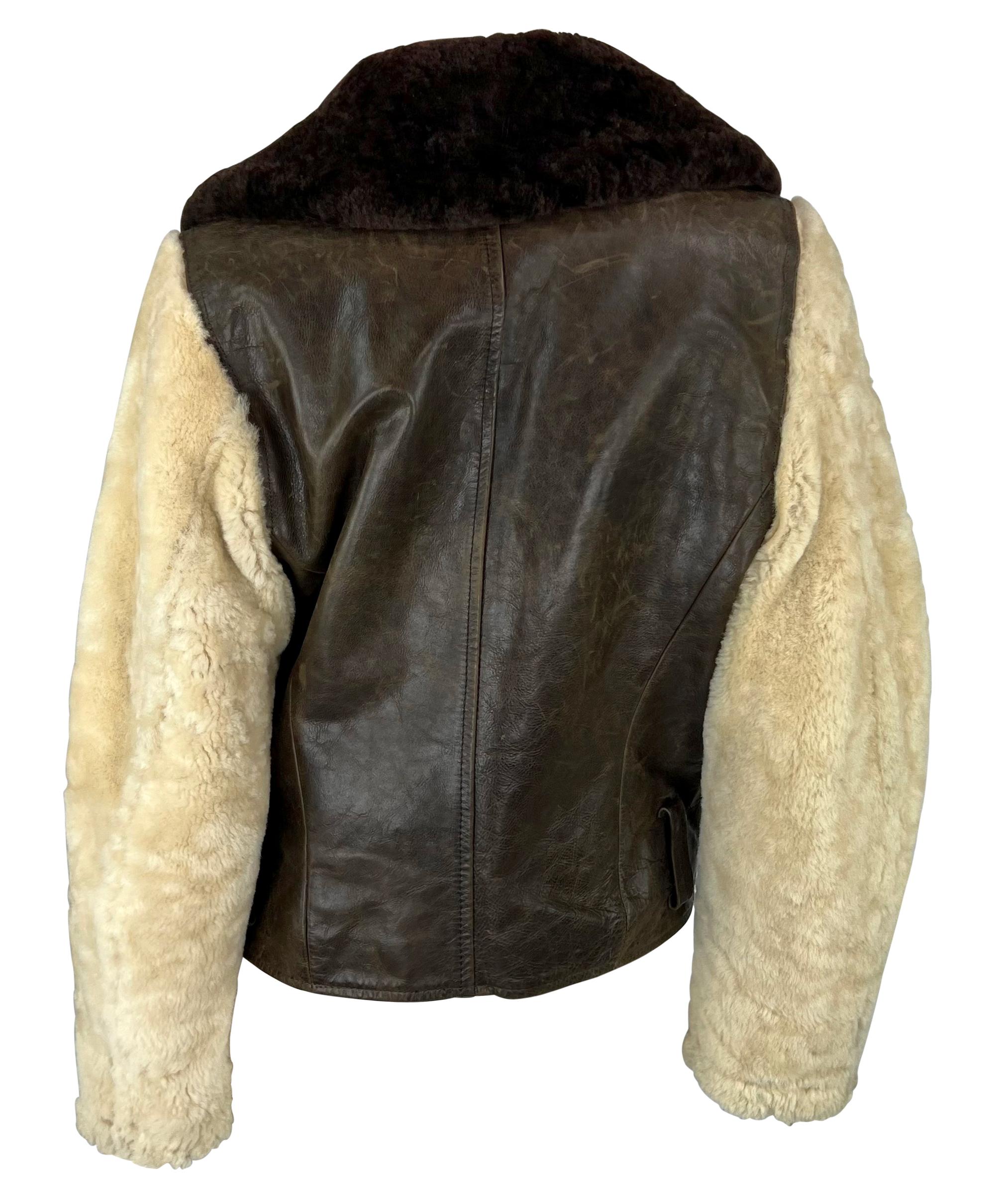 1990s Dolce & Gabbana Distressed Brown Leather Shearling Fur Aviator Moto Jacket In Good Condition For Sale In West Hollywood, CA