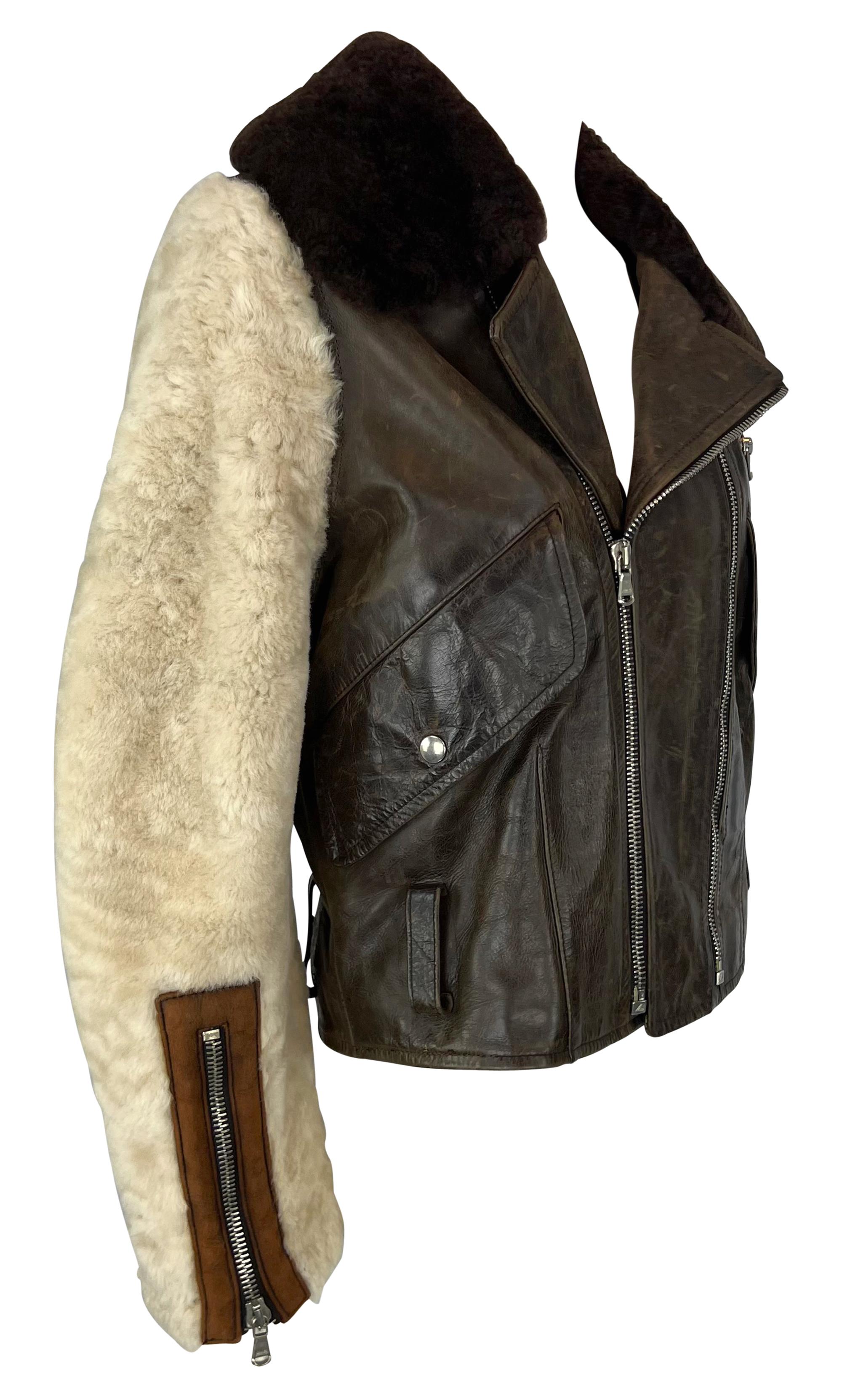 Women's 1990s Dolce & Gabbana Distressed Brown Leather Shearling Fur Aviator Moto Jacket For Sale