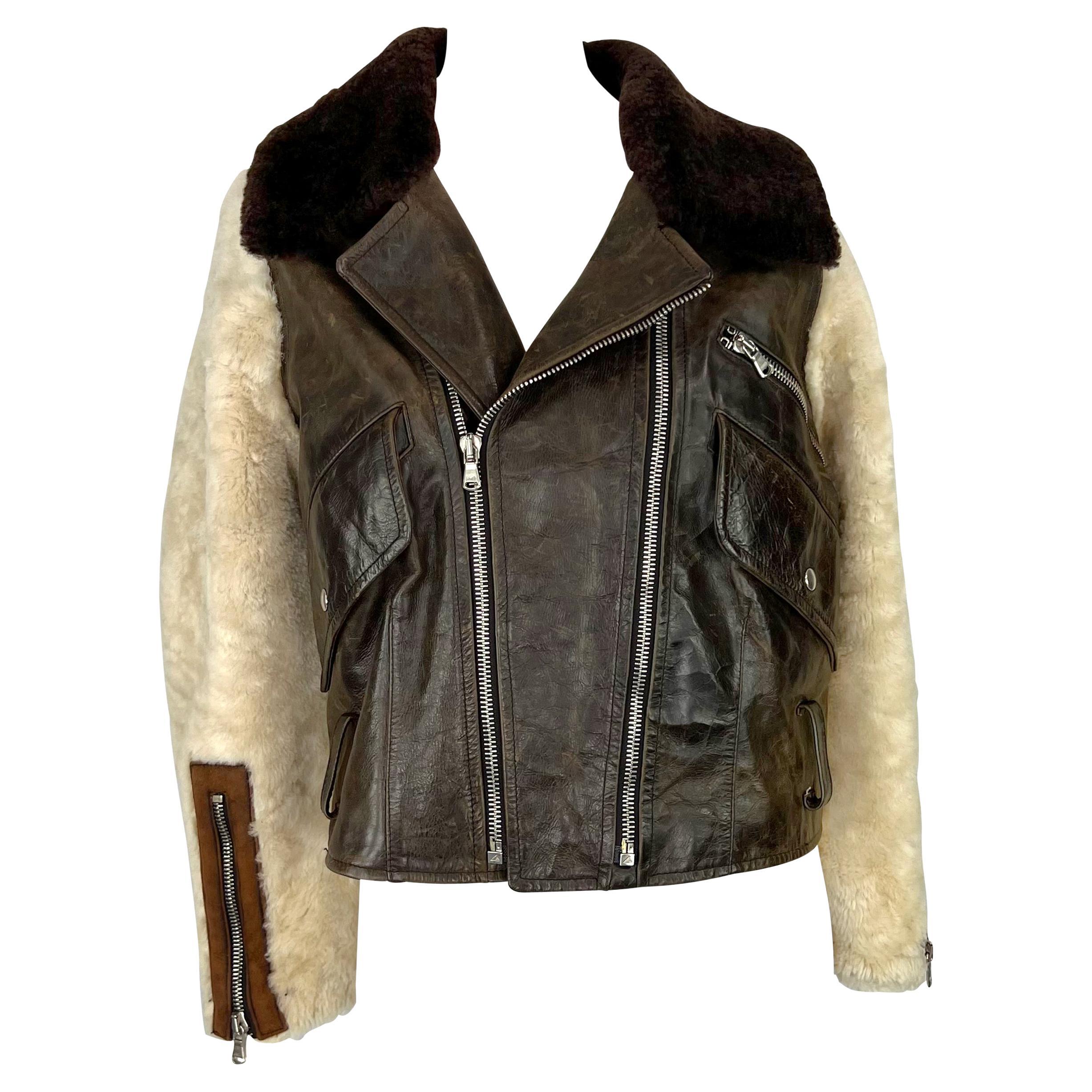1990s Dolce & Gabbana Distressed Brown Leather Shearling Fur Aviator Moto Jacket For Sale