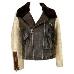Vintage 1990s Dolce & Gabbana Distressed Brown Leather Shearling Fur Aviator Moto Jacket