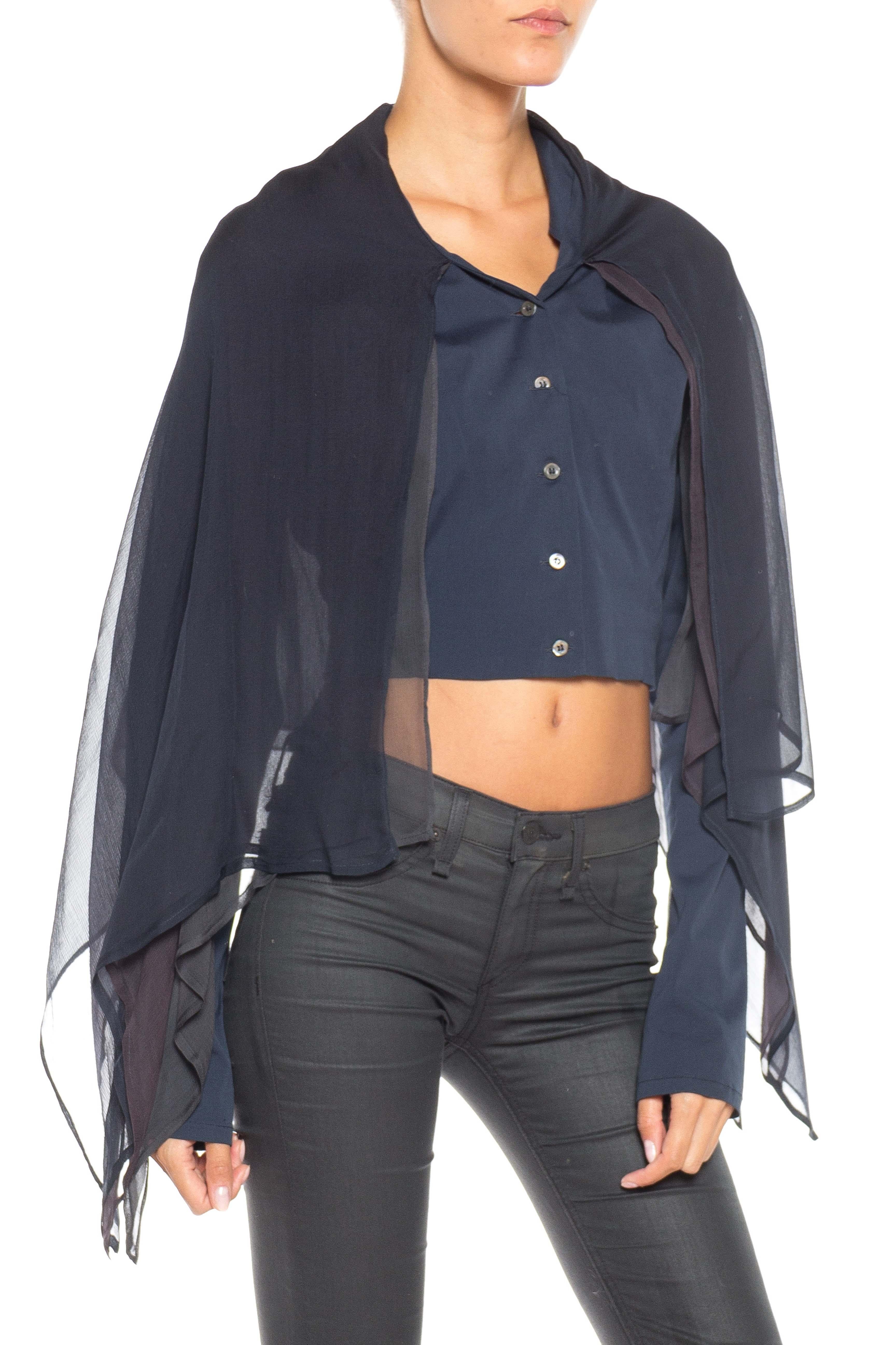 Women's 1990S DOLCE & GABBANA Navy Silk Chiffon Blouse With Sheer Layered Capelet For Sale