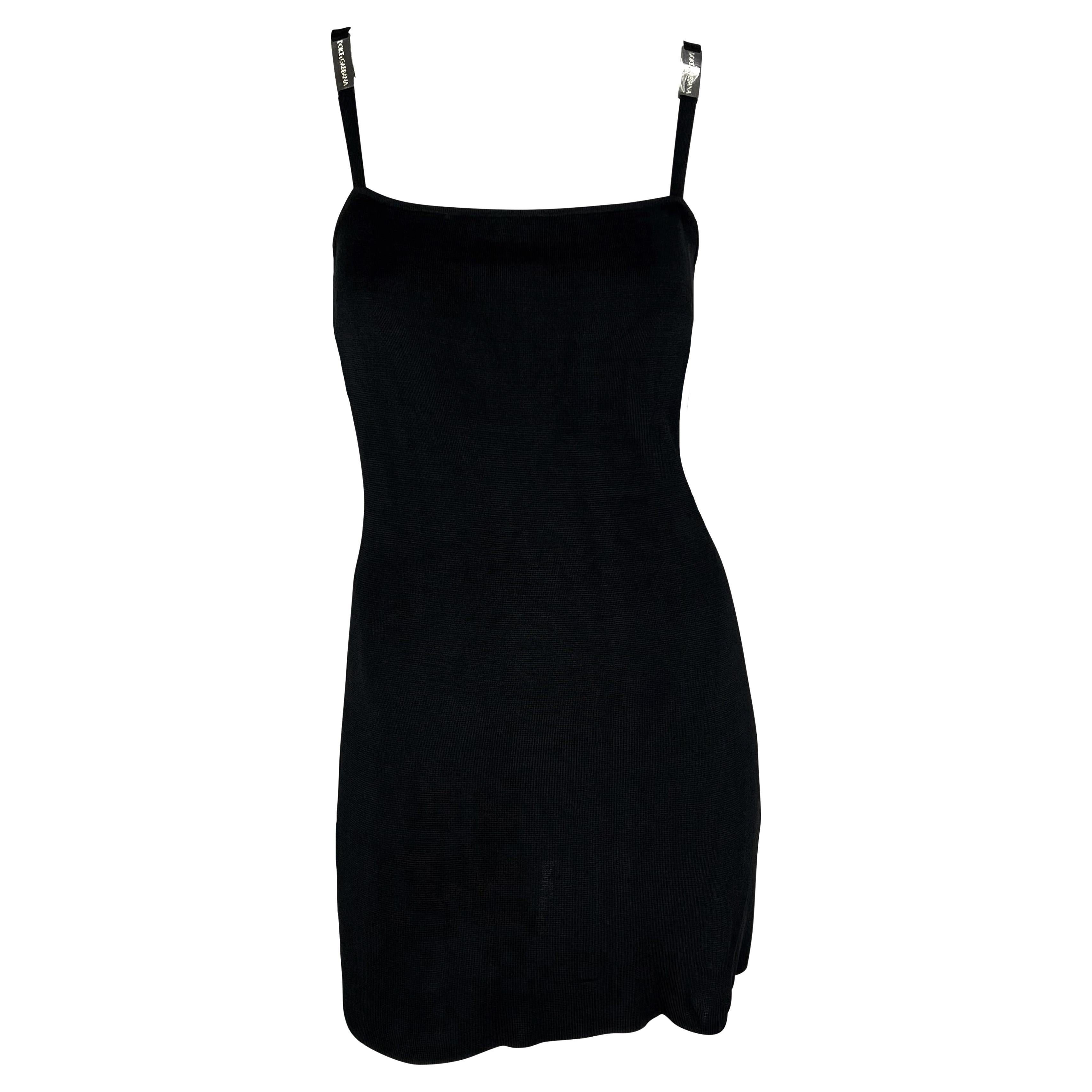 1990s Dolce & Gabbana Double Logo Buckle Stretch Black Knit Mini Dress For Sale
