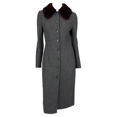 1990s Dolce & Gabbana Genuine Mink Fur Trim Charcoal Grey Stretch Wool Coat