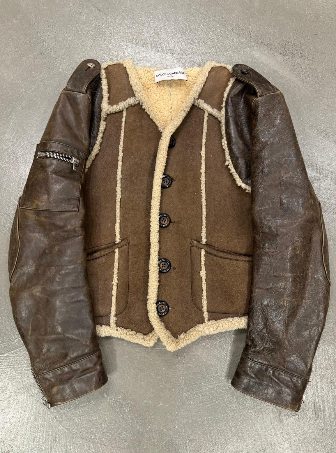 1990er Dolce & Gabbana Hybrid-Shearling-Leder-Militärjacke im Angebot 3