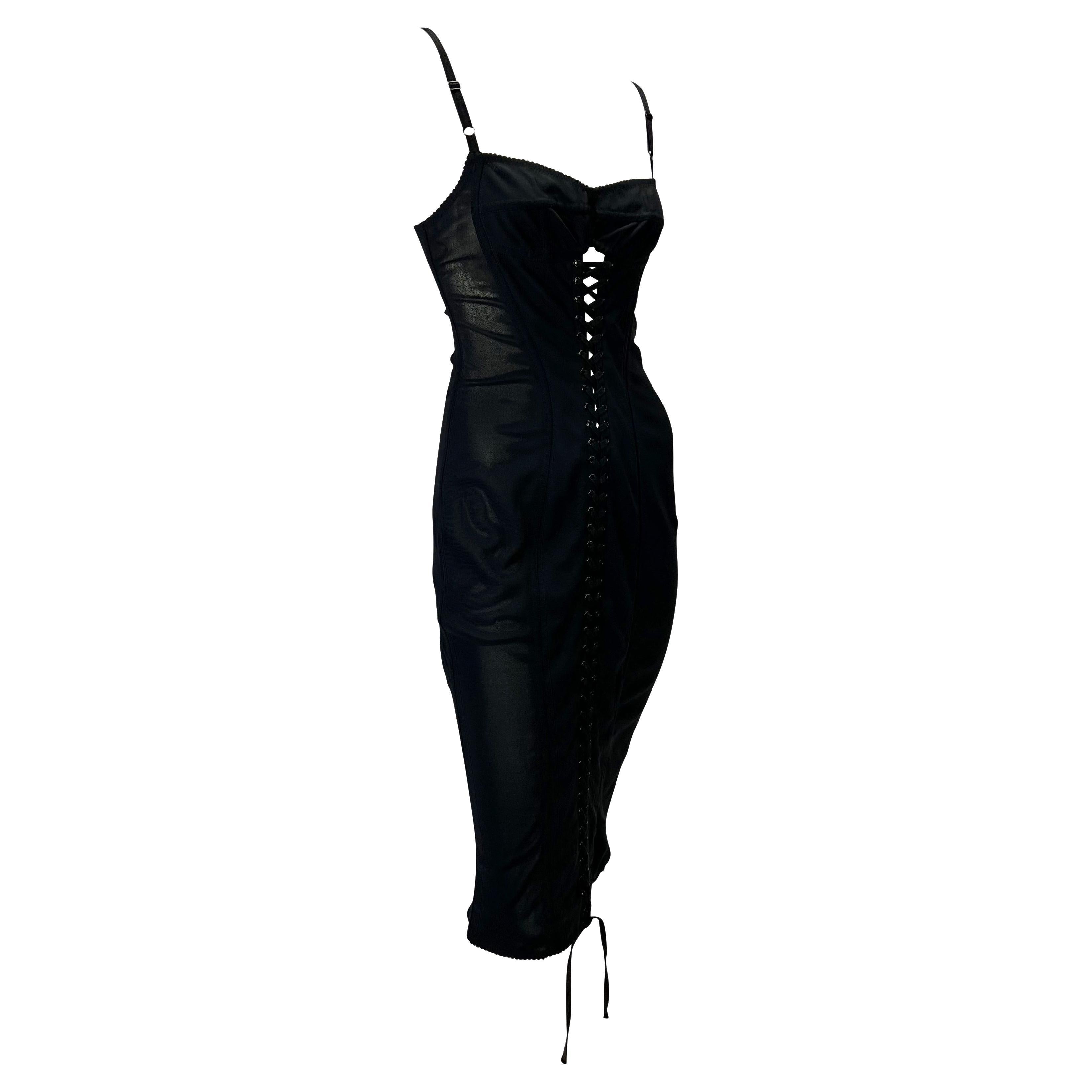 Women's 1990s Dolce & Gabbana Lace-Up Sheer Bustier Black Corset Dress For Sale