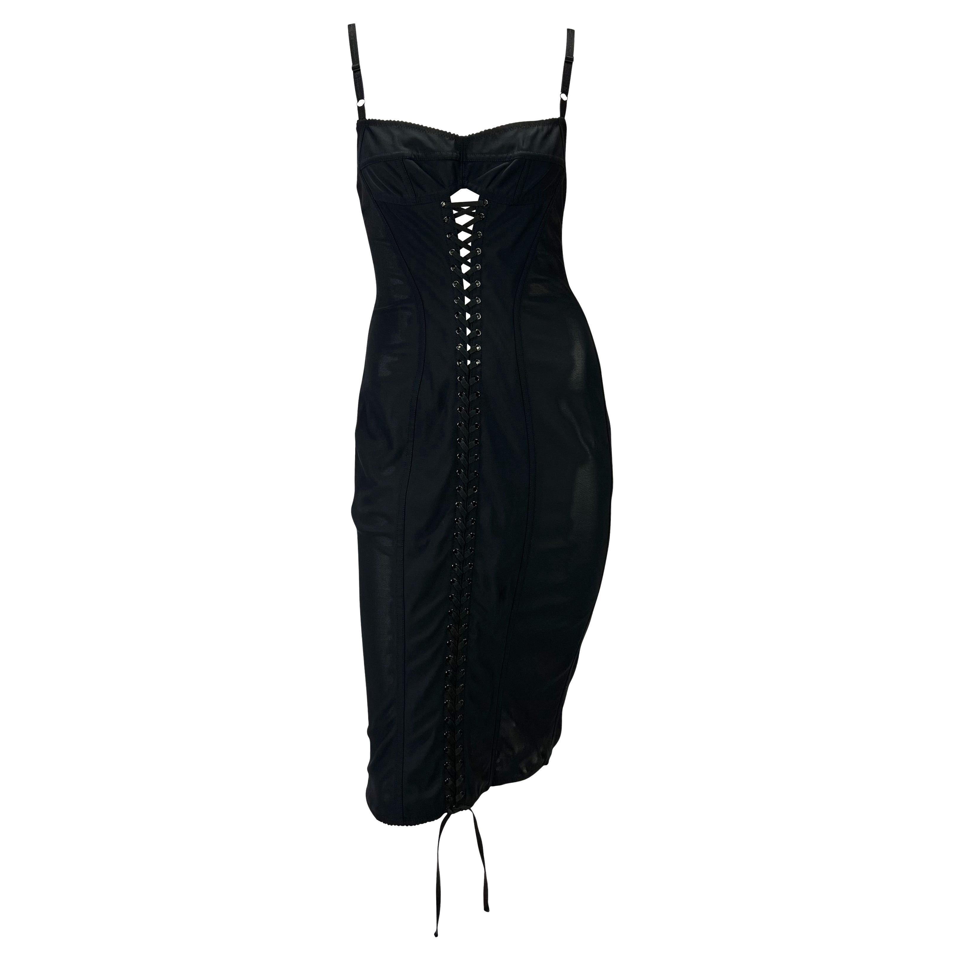 1990s Dolce & Gabbana Lace-Up Sheer Bustier Black Corset Dress For Sale