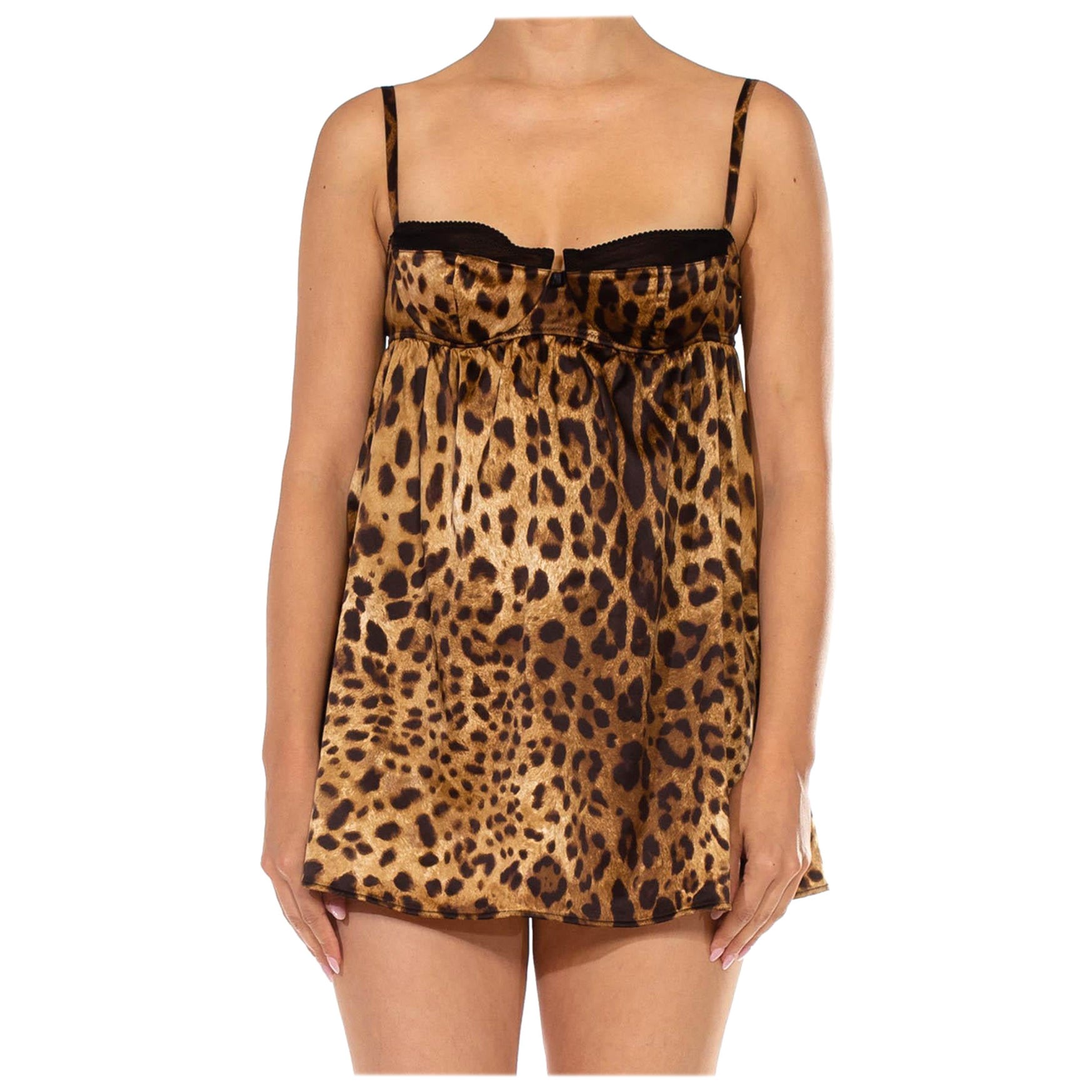 1990S DOLCE 
GABBANA Leopard Print Silk Blend Charmeuse Baby Doll Negligee