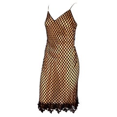 1990s Dolce & Gabbana Peach and Brown Crochet Lace Knit Overlay Slip Dress