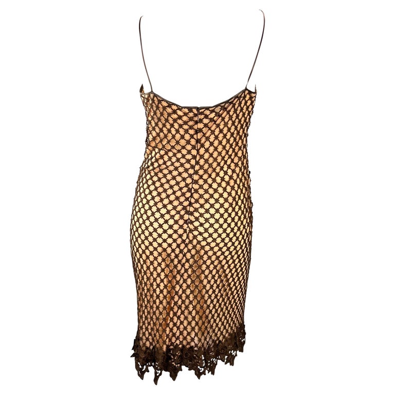 1990s Dolce & Gabbana Peach and Brown Crochet Lace Knit Overlay Slip Dress In Excellent Condition For Sale In Philadelphia, PA