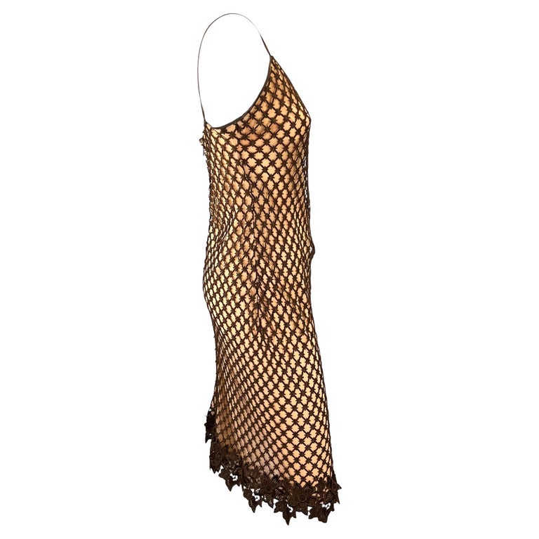 Women's 1990s Dolce & Gabbana Peach and Brown Crochet Lace Knit Overlay Slip Dress For Sale