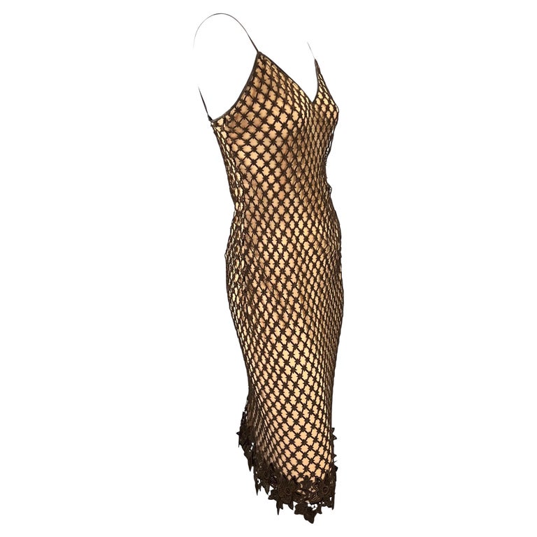 1990s Dolce & Gabbana Peach and Brown Crochet Lace Knit Overlay Slip Dress For Sale 1