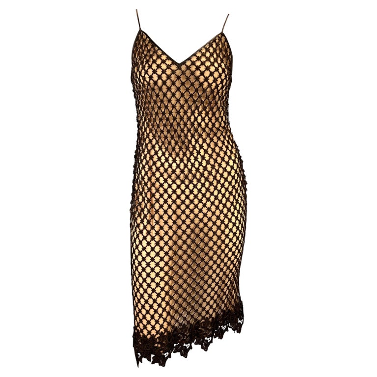1990s Dolce & Gabbana Peach and Brown Crochet Lace Knit Overlay Slip Dress For Sale